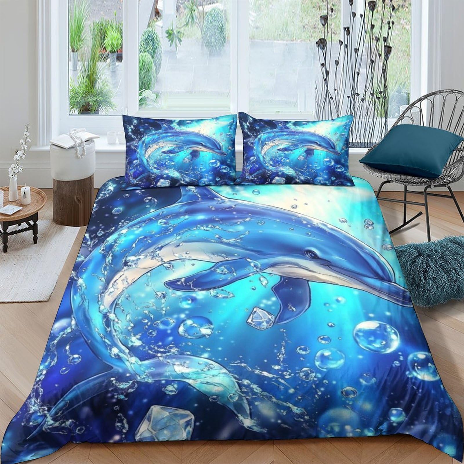 TUFRTGYHN 3D Printed Dolphin Ocean Duvet Cover Microfiber Soft Breathable Sea Wave Bedding Set with 2 Pillowcases for Bedroom Decor Single（135x200cm）