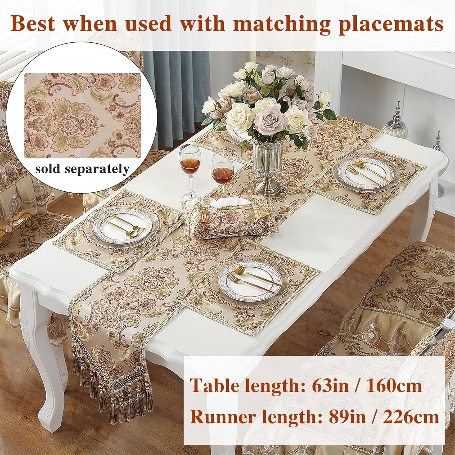 kilofly Elegant Floral Brocade Jacquard Table Runner Tassels (69 x 12 inches)