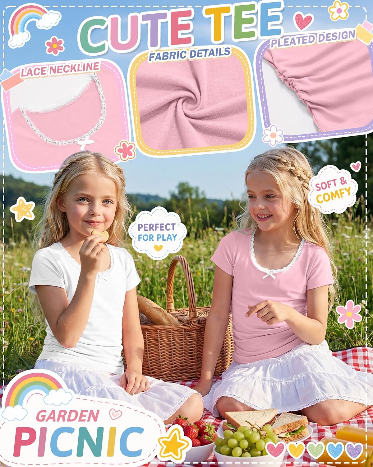 3 Pack Girl's Short Sleeve T-Shirts 5-14Y Teen Lace Trim U Neck Kids Bow Tees Basic Casual Cute Summer School Tops