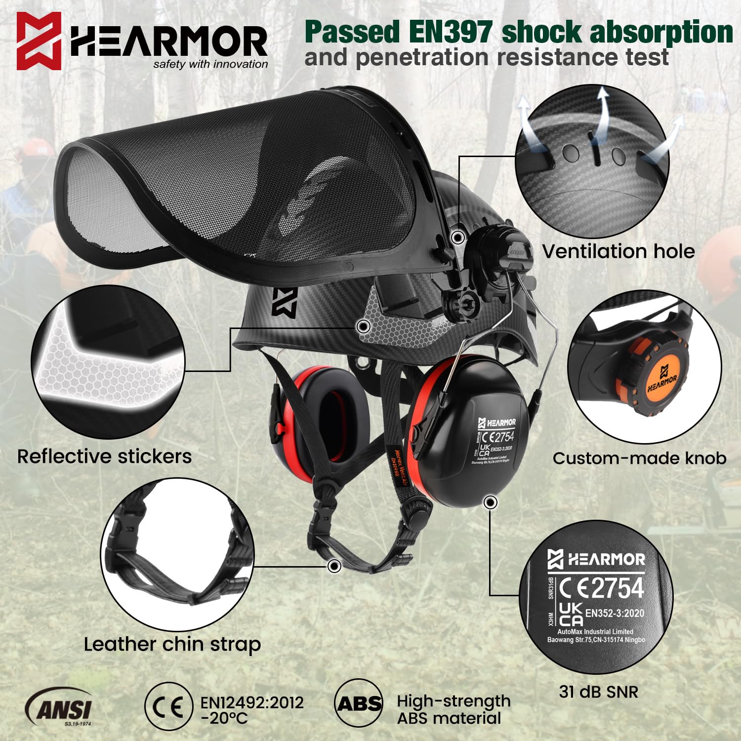 HEARMOR Mervex Forest Air – Casco de protección ABS para trabajos de alto trabajo en el sector forestal, certificación EN12492, aprobado EN397, absorción de impactos y resistencia a la penetración