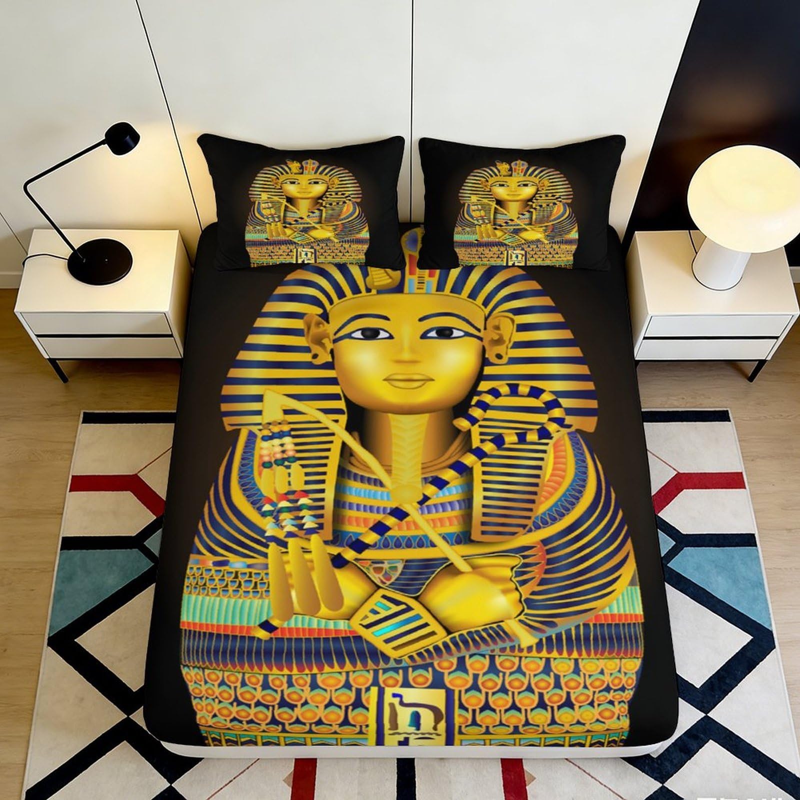 Tjiqhvmrn Style-3 3D Printed Pharaoh Fitted Sheet Microfiber Deep Pocket Non-Slip Bedroom Bedding Pharaoh Mattress Fitted Cover For Adults Teens 90X200x25cm