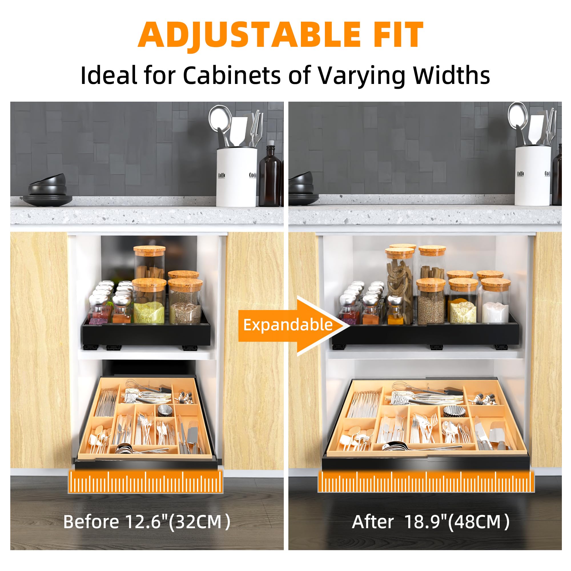 Ausziehbarer Küchenschrank-Organizer – Breite 27,9–48,3 Cm, Tiefe 40,6–55,9 Cm, 3 Verstellbare Schienen, Selbstklebend, Ohne Bohren