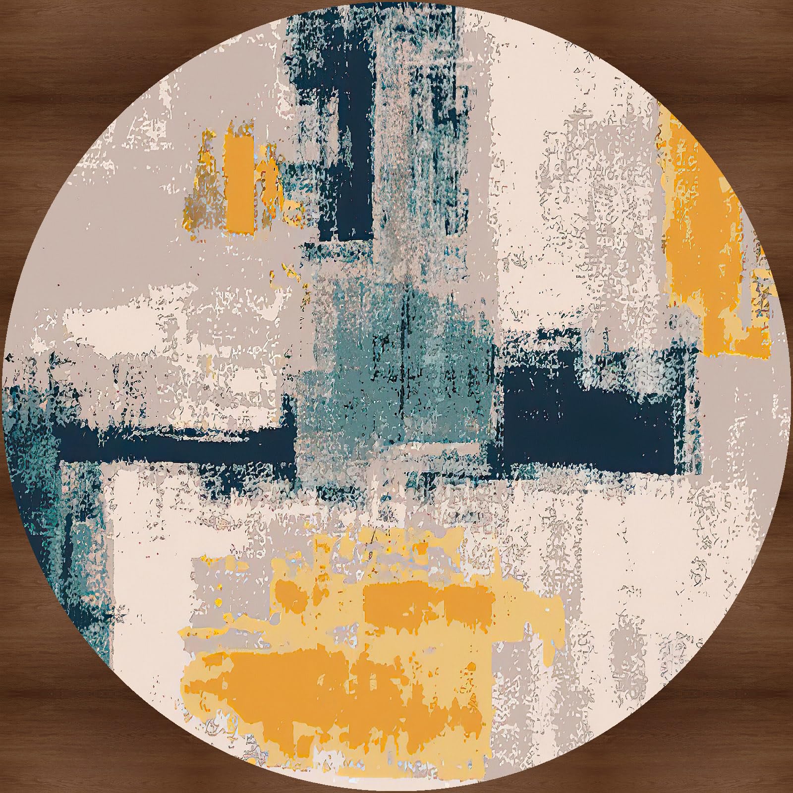 KTYUTJDH Washable Rugs Living Room Short Pile Rug Under Dining Table Floor Decoration,Navy Blue Ochre Yellow, Teal Blue Orange, Khaki-Grey Modern Design,Blue,Round ø 160 cm