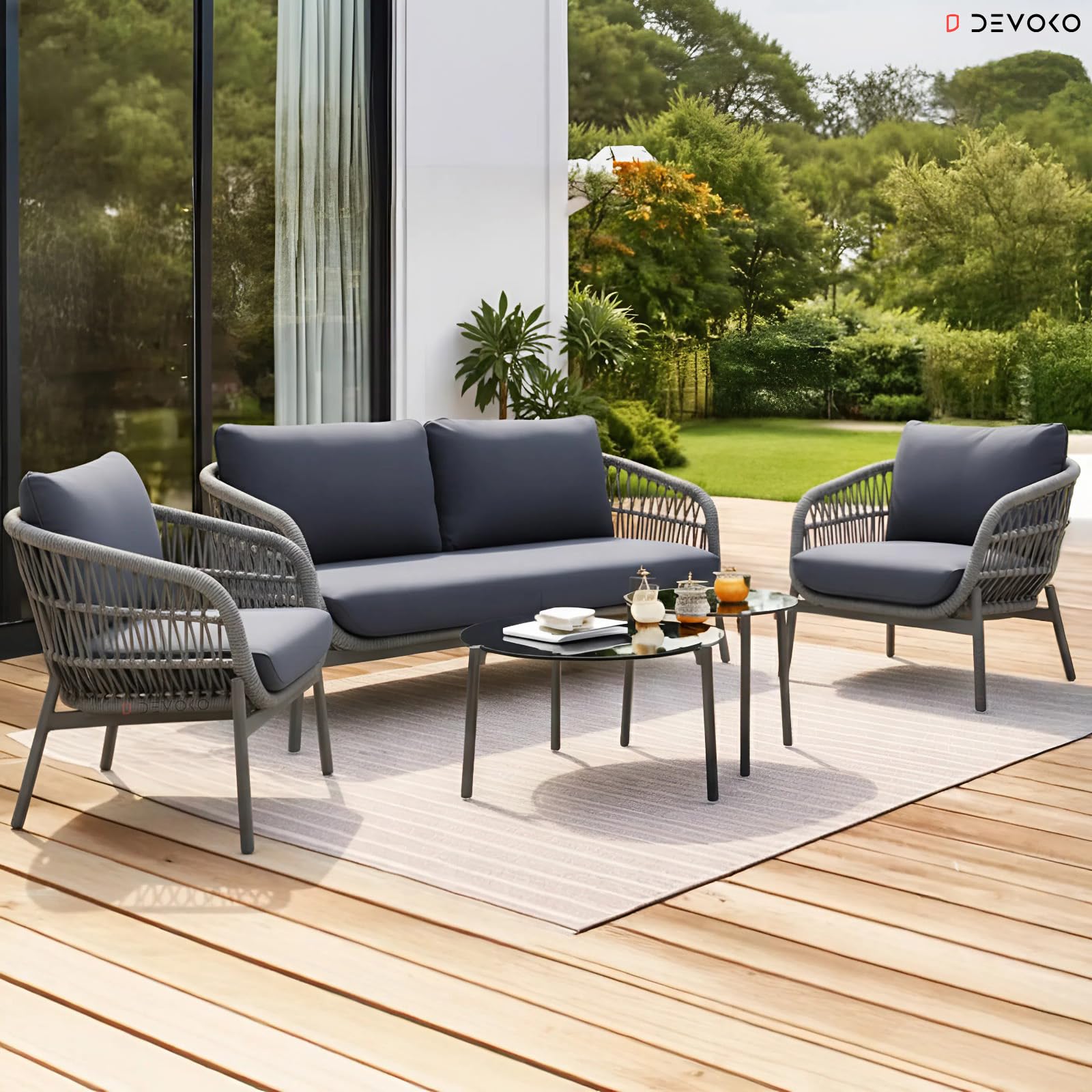 DEVOKO Outdoor 4 Seater Rope Sofa Conversation Set with Comfortable All Weather Water-Resistant Cushions and Glass Top Round Center Table for Garden,Patio,Poolside(Light Grey & Dark Grey)