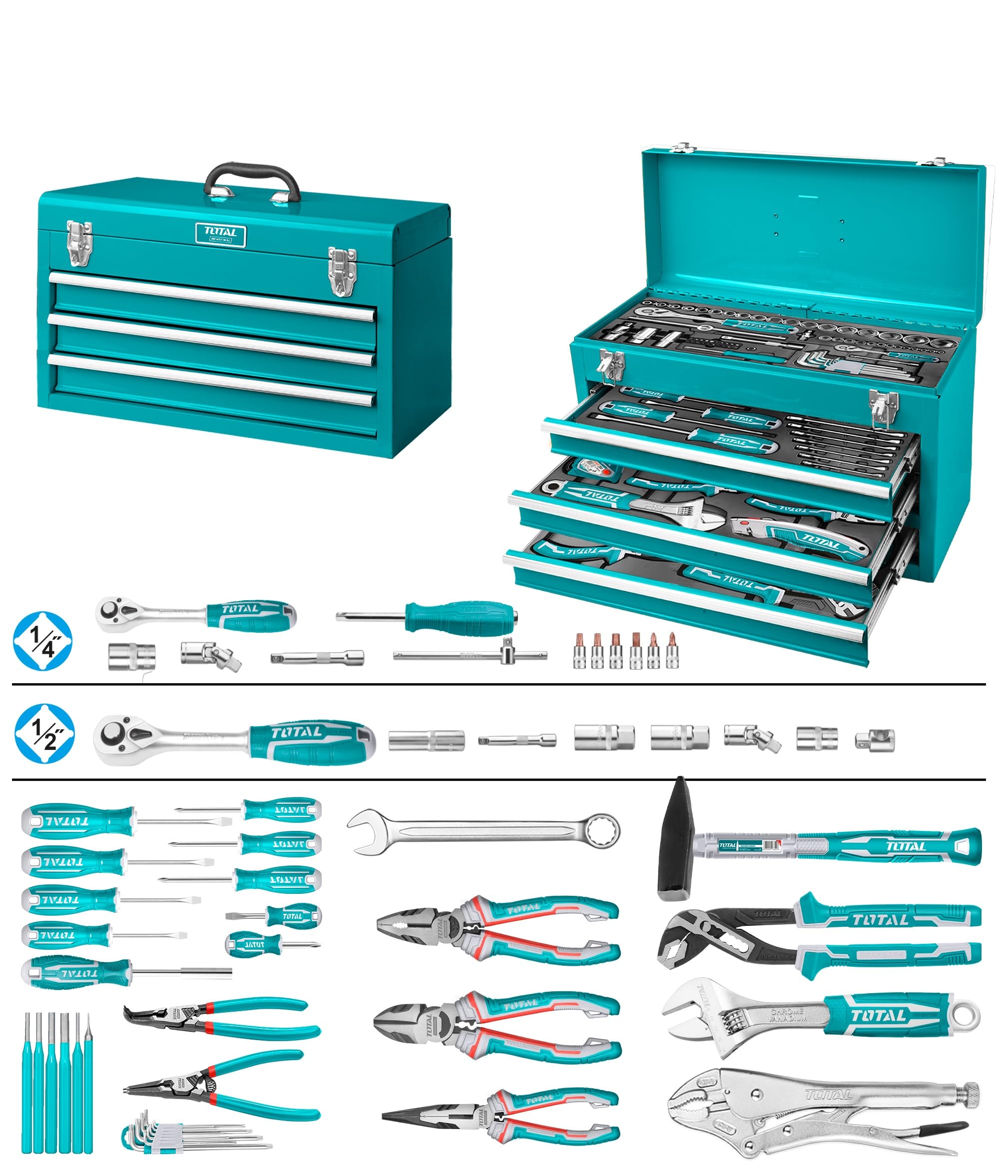 TOTAL Super 132-Piece Versatile Tool Chest Set Box: Ideal for Mechanics, DIY Enthusiasts & Professionals – Comprehensive Socket, Wrench, Screwdriver, and Pliers Assortment for All Your Repair Needs