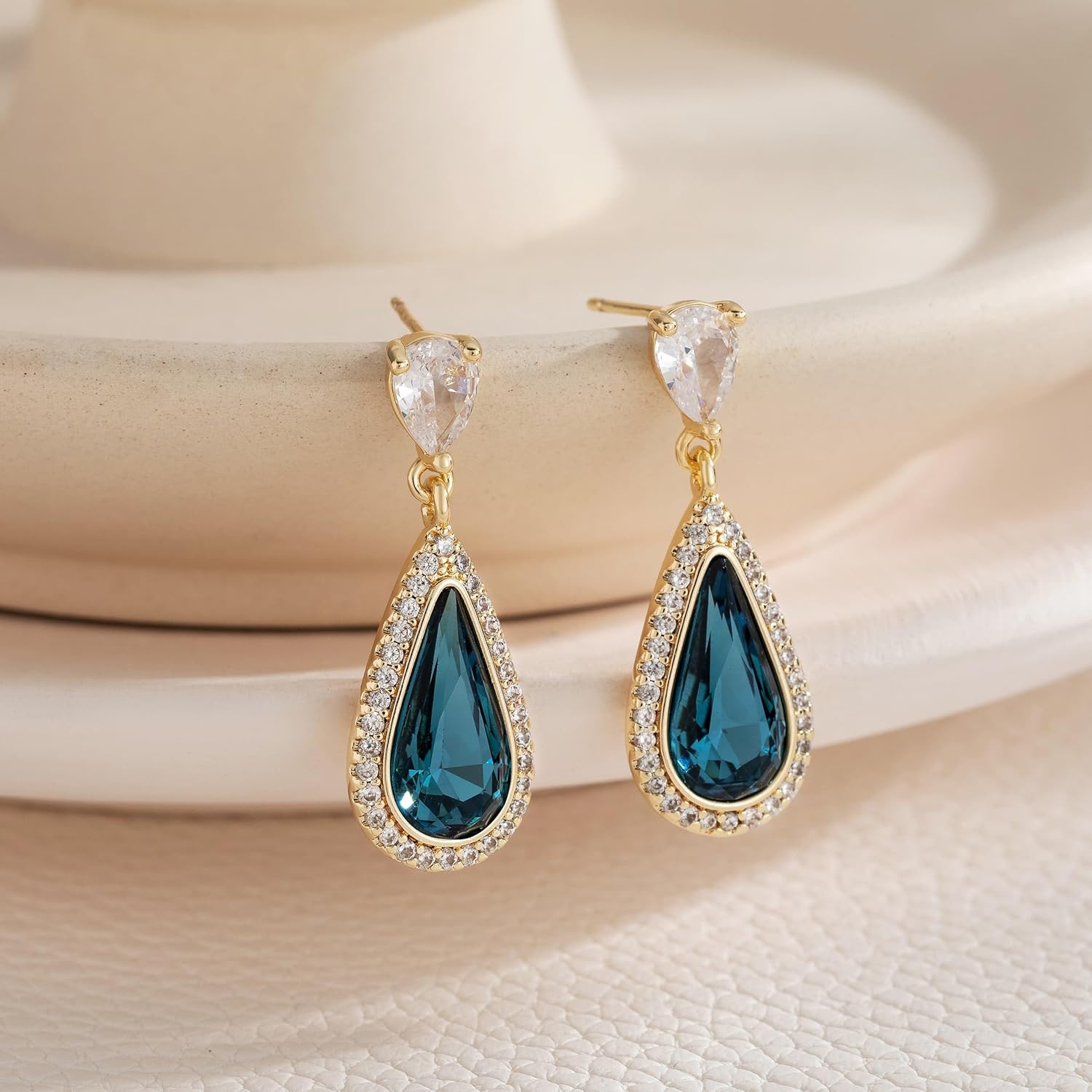 EVEVIC Austrian Crystal Halo Teardrop Dangle Drop Earrings for Women 14K Gold Plated Jewelry Gifts - Image 4