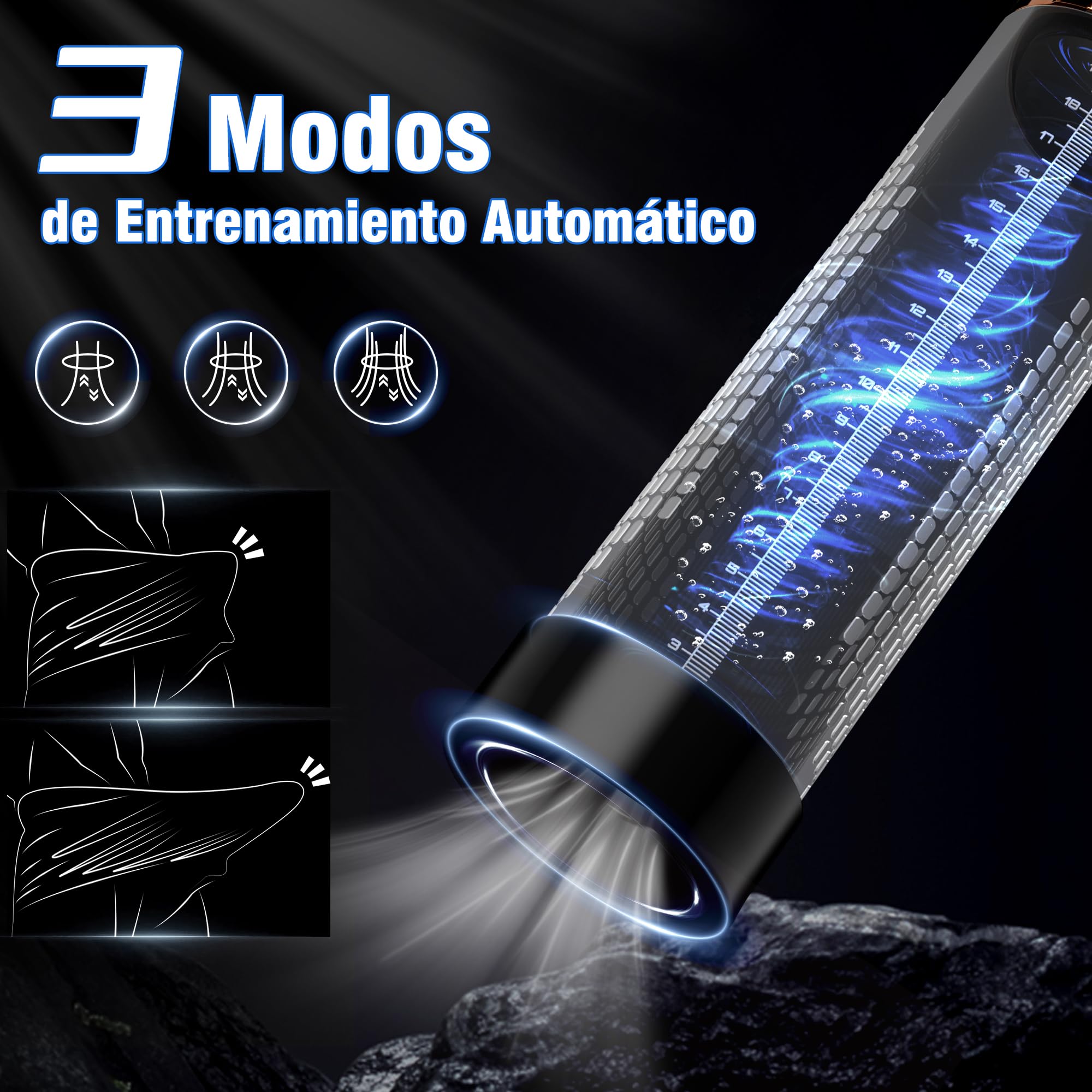HIVEFUN Succionador de Pene Hombre, Alargador de Pene Masculino con 4 Modos de Succión y 3 Modos de Entrenamiento, Bomba de Vacío para el Pene Hombre con 3 Anillos de Silicona y 6 Anillos para el Pene