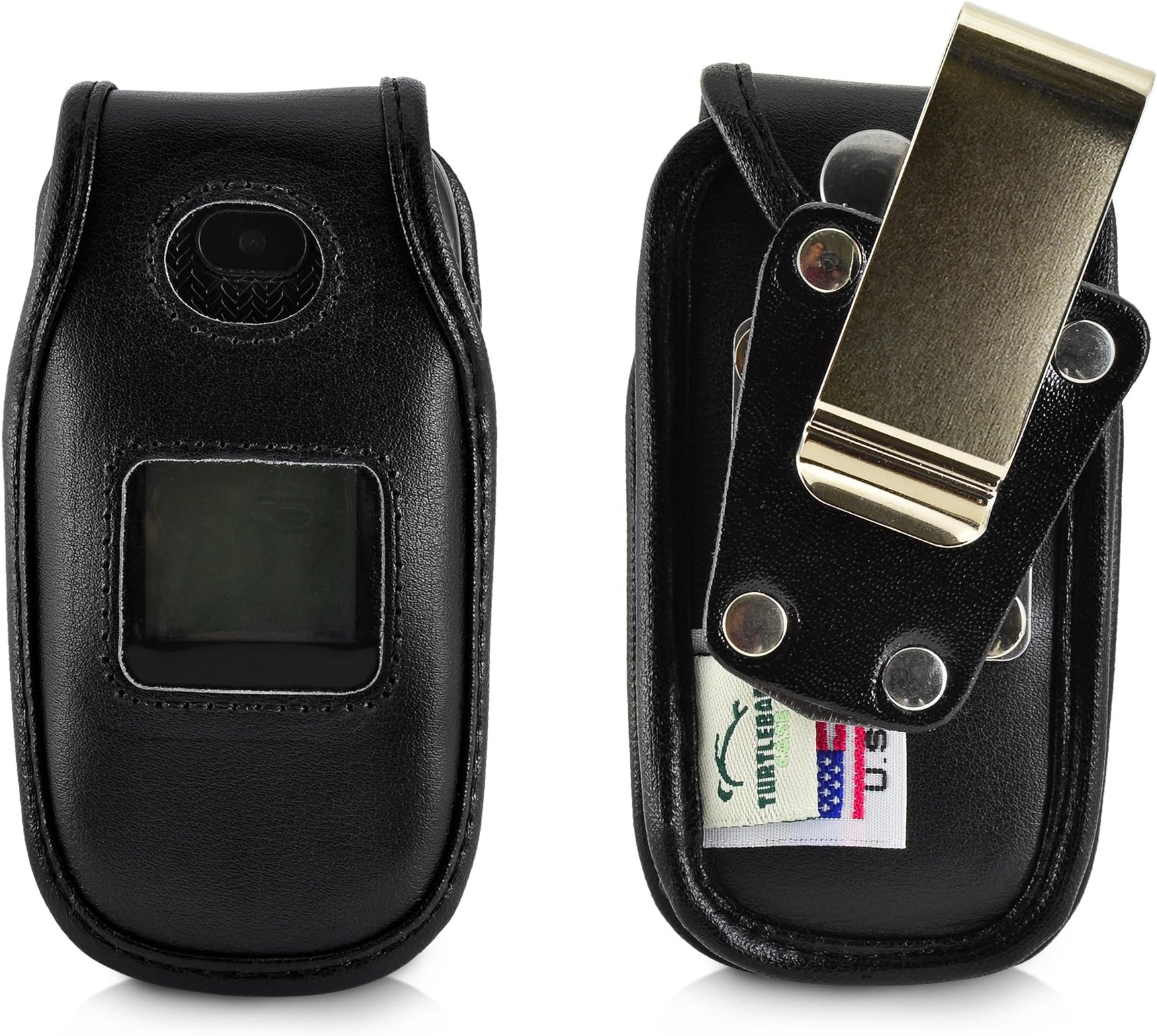 TurtleBackCase Made for ATT ZTE Z223 Flip Phone Black Leather Fitted Flip Phone Belt Case with Metal Heavy Duty Ratcheting Rotating Belt Clip A-ZTEZ223HDL