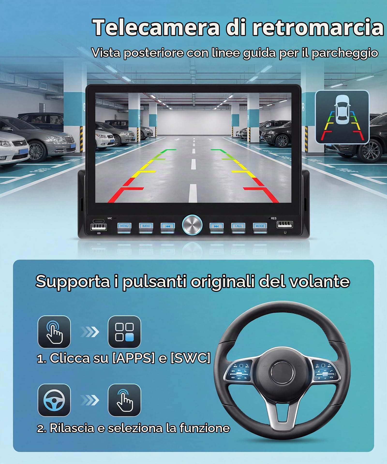 Rimoody Autoradio 1 Din Carplay Android Auto Wireless, 7'' IPS Touchscreen Stereo Carplay 1 Din con Mirror Link Vivavoce Bluetooth FM EQ Tipo-C 2USB Controllo del Volante Retrocamera