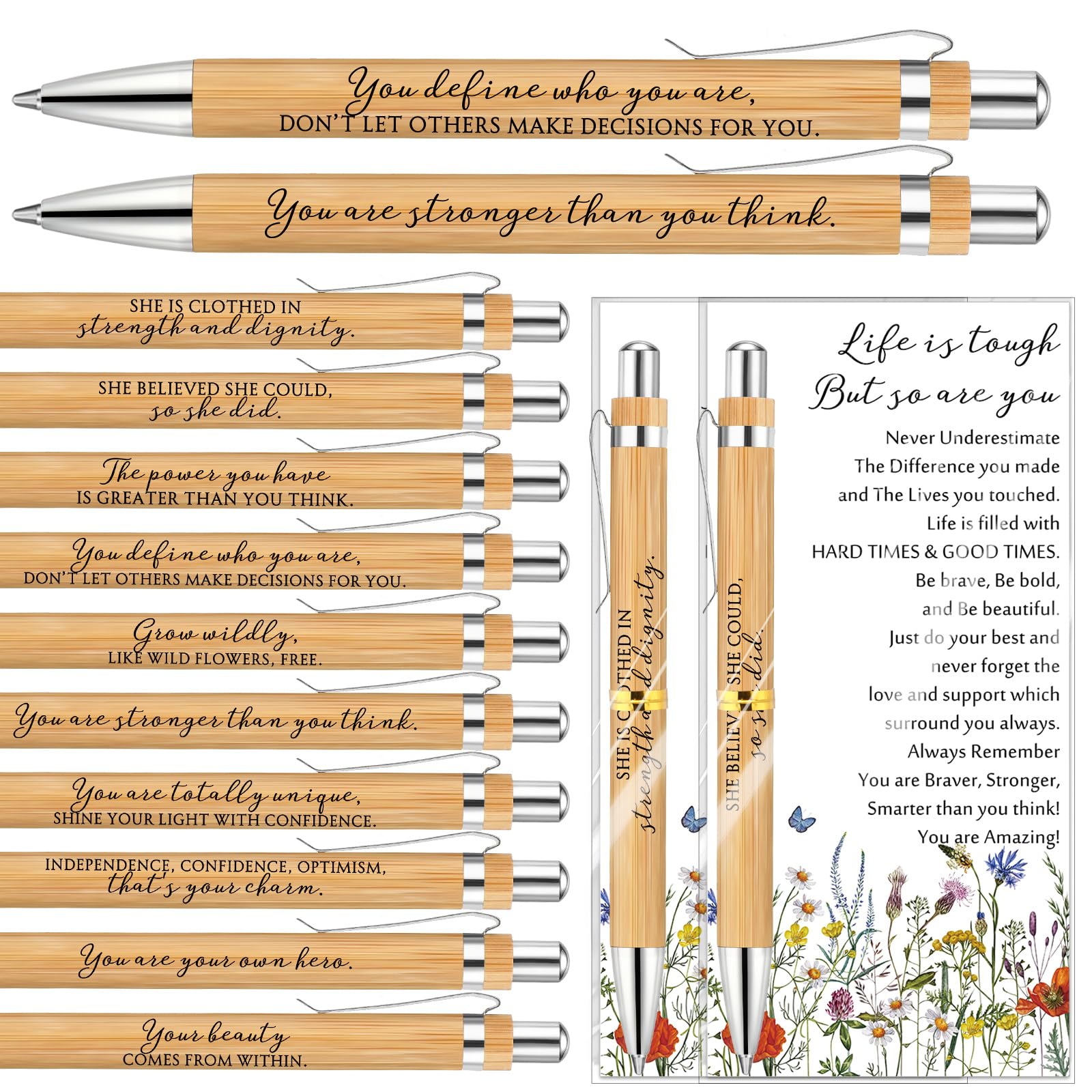 Sayglossy Mother's Day Employee Appreciation Gifts Bulk, 10 Styles Inspirational Bamboo Ballpoint Pens with Wildflower Cards, Thank You Gifts for