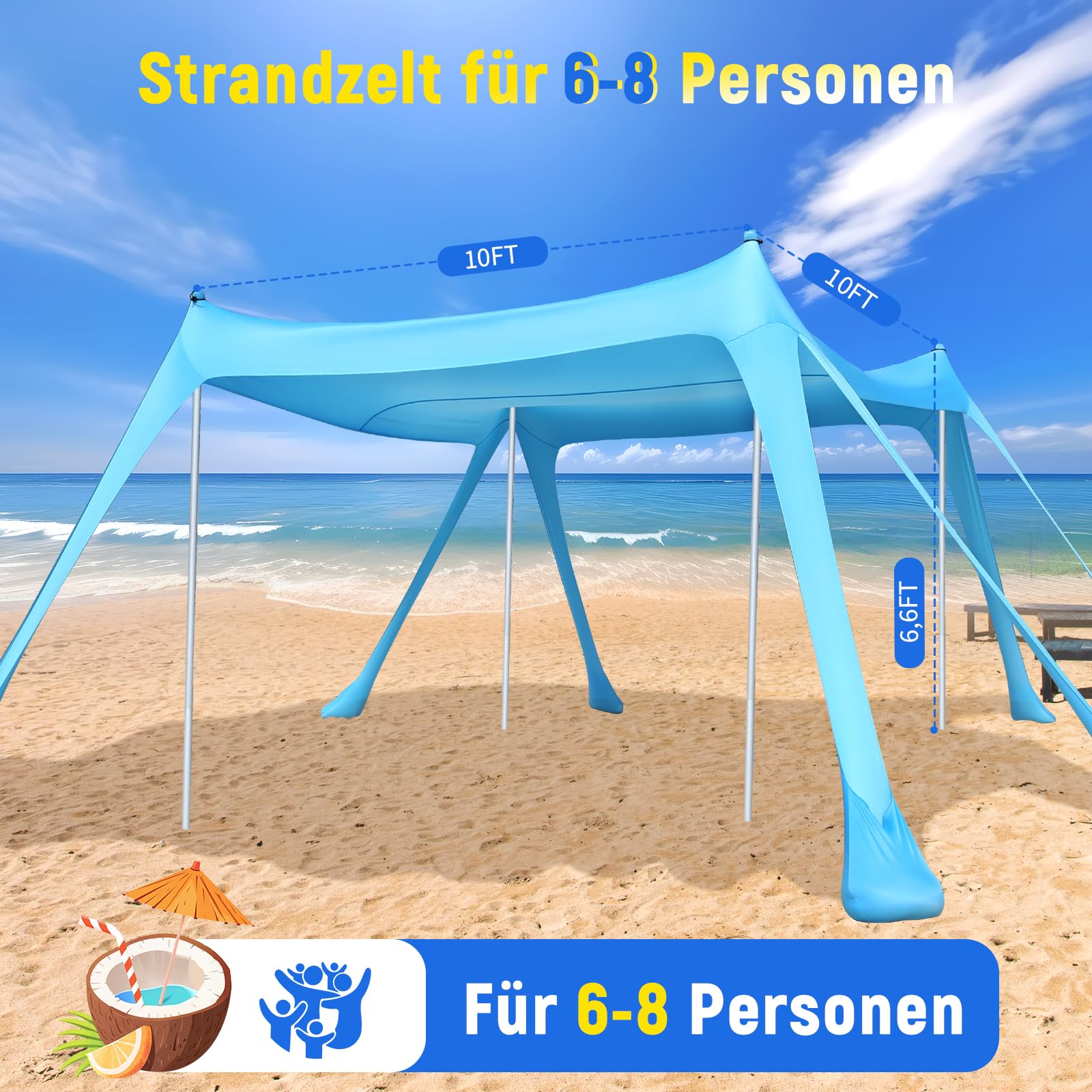 Purebox Strandzelt UPF 50+ Sonnenschutz 10x10FT mit 8 Sandsäcken für Strand Camping