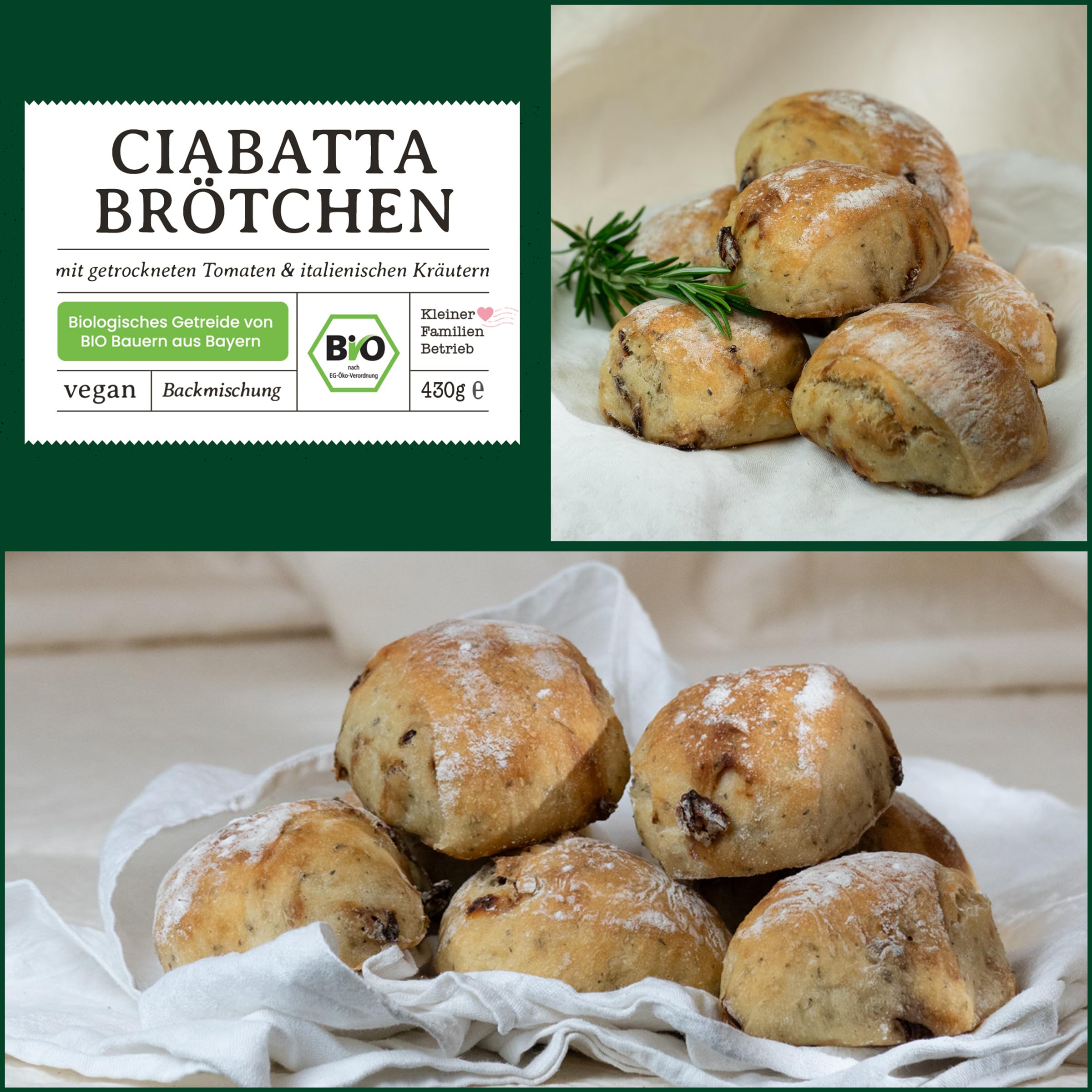 Bio Ciabatta Brötchen Backmischung – mit Tomaten, Kräutern & knuspriger Kruste – luftige italienische Brötchen für den Ofen – fast ohne Hefe – Bake with Love - 10er Pack