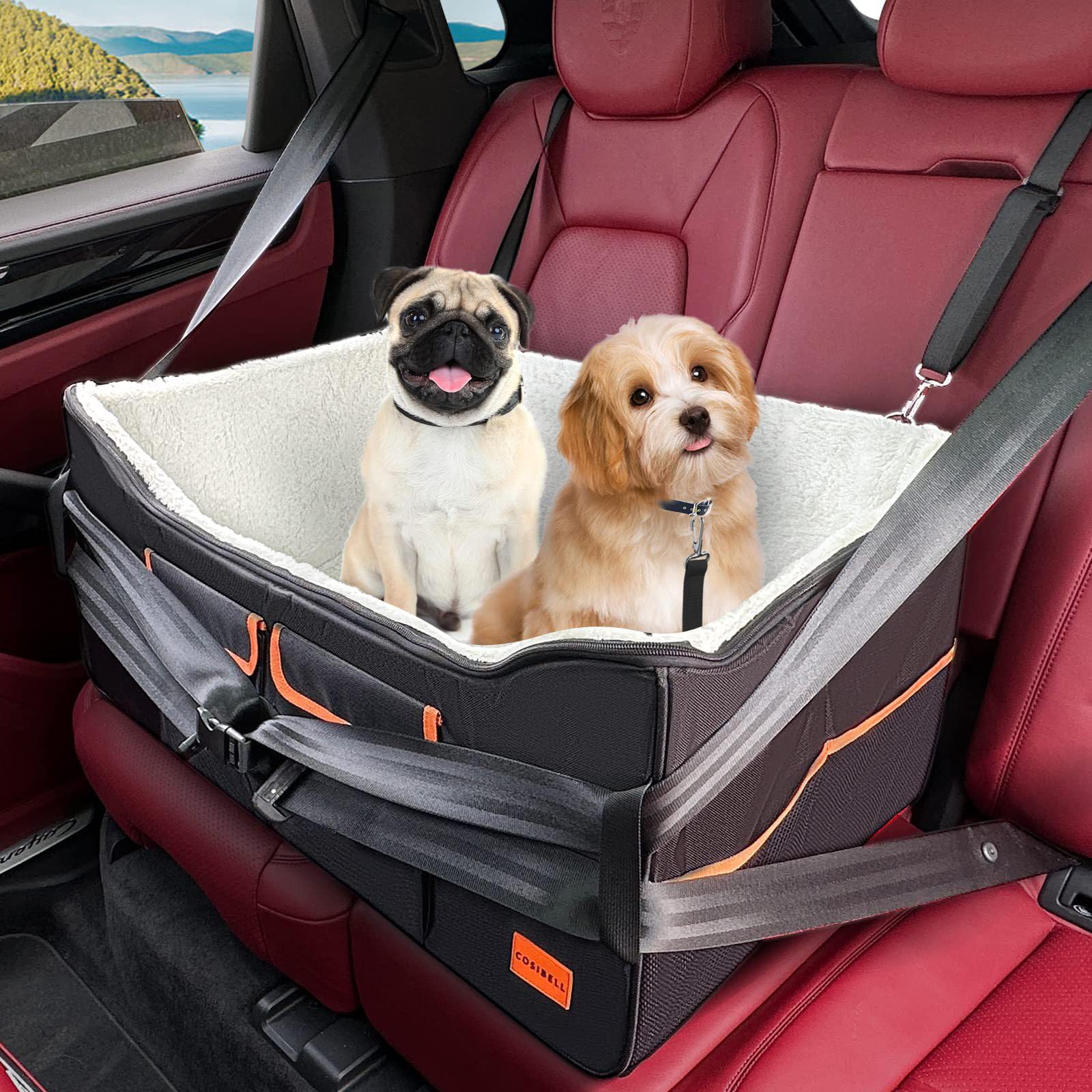 Hunde-Autositz für kleine/mittelgroße Hunde, erhöhter Haustier-Autositz mit Aufbewahrungstaschen, Hundebett mit Sicherheitsleine, Reisebett mit Sicherheitsleine, Welpenautositze für Rücksitz, 68,6 x