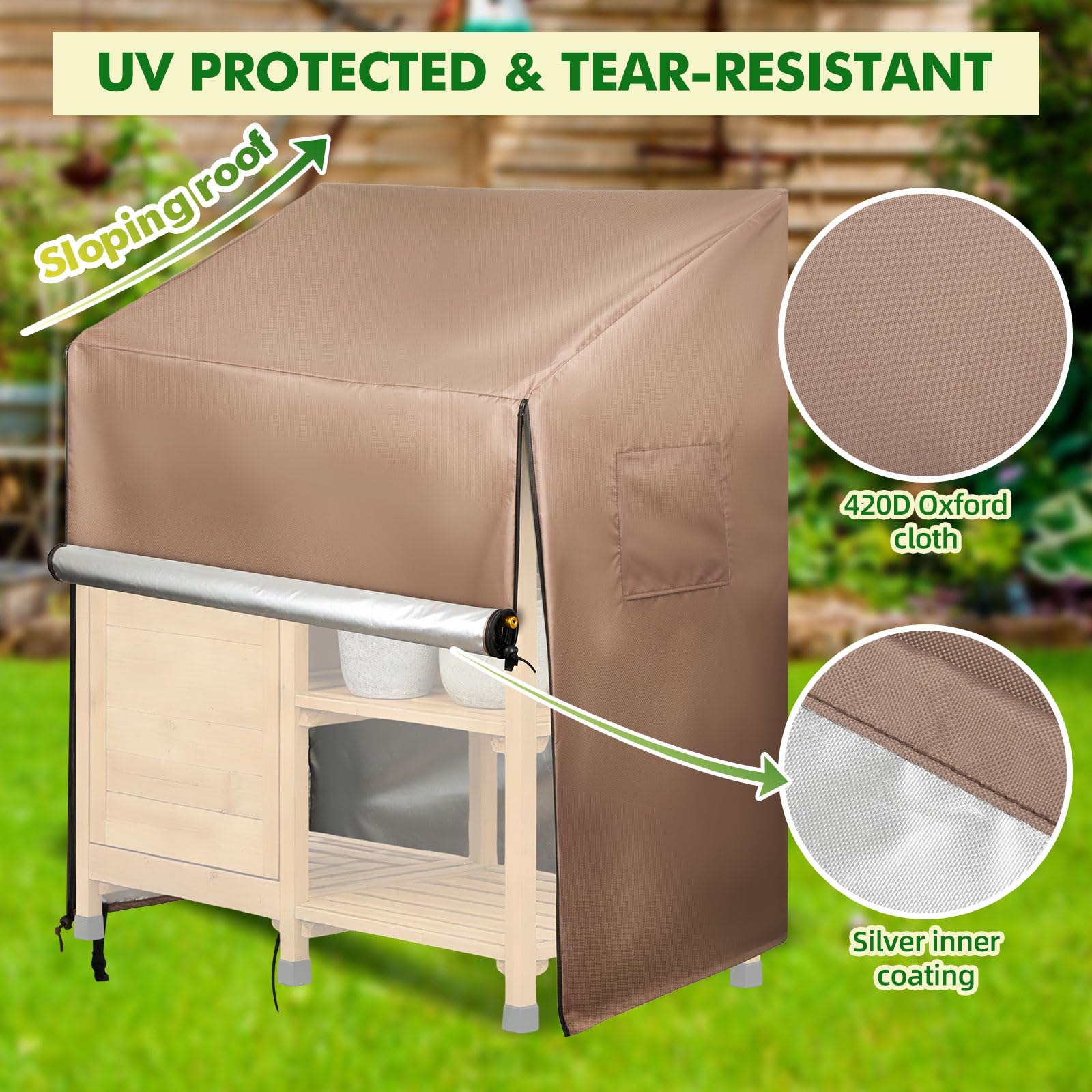 Funda Impermeable para Mesa de Jardinería con Solapa Frontal Abatible, Cubierta Protectora para Banco de Trabajo, Oxford 420D Marrón (116 * 51 * 120cm)