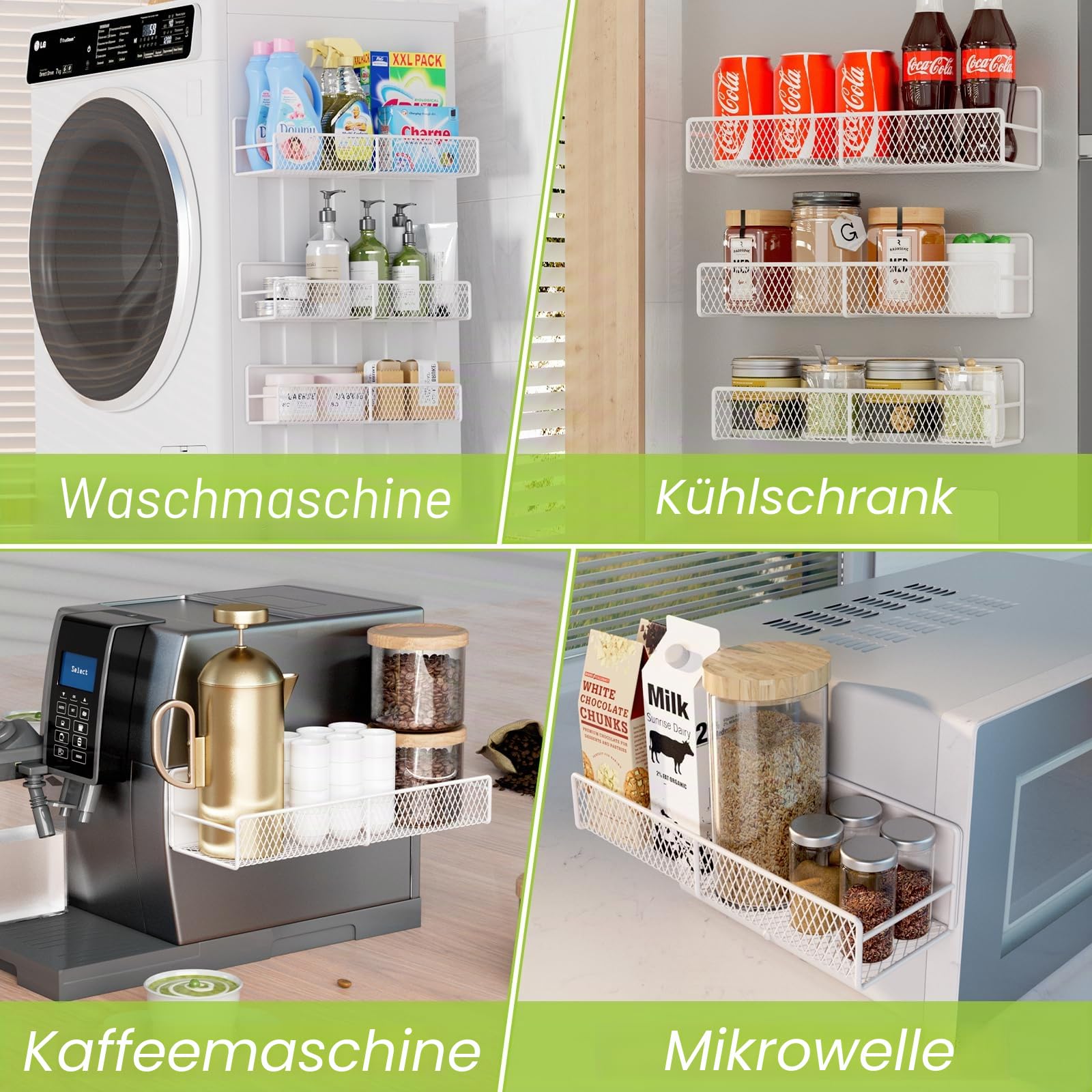 Magnetische Regale für Waschmaschine, robust, magnetischer Wäsche-Organizer mit Haken, Waschmaschinenregal für Kühlschrank, Metall-Aufbewahrungskörbe, Schrank und Waschküchen-Organisation (weiß), 4