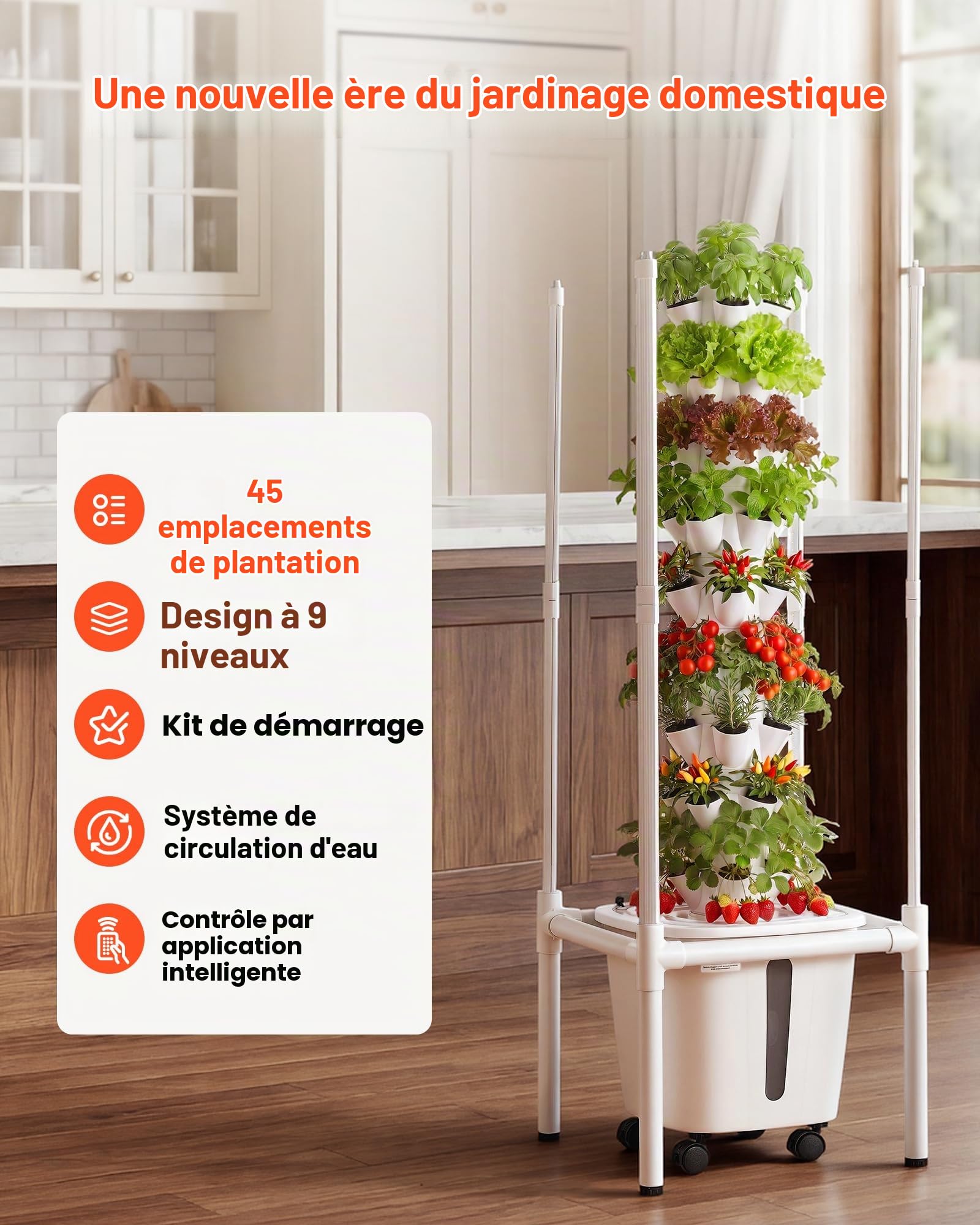 VEVOR Tour Hydroponique 9 Étages 45 Trous, Système de Culture Hydroponique pour Herbes, Légumes et Fruits, avec Lampe de Croissance LED, Contrôle par App, roulettes, Réservoir d'eau de 20 L et Pompe