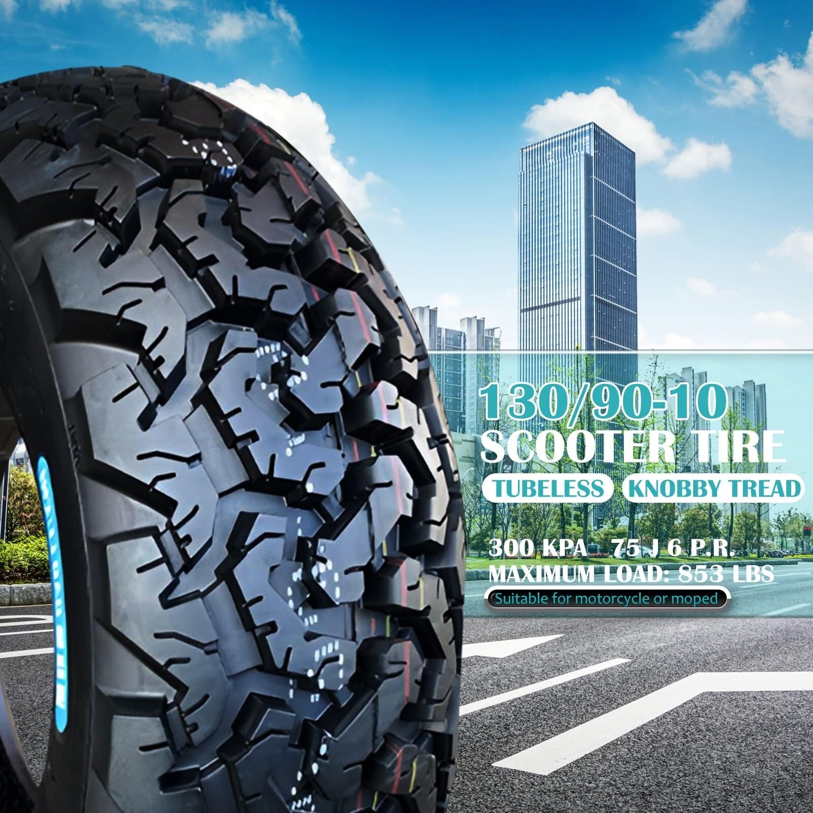 130/90-10 Offroad-Reifen für Roller, 130/90/10 Stollenreifen | 130 90 10 Straßenreifen, schlauchlose Rollerreifen vorne/hinten | 75J 300KPA