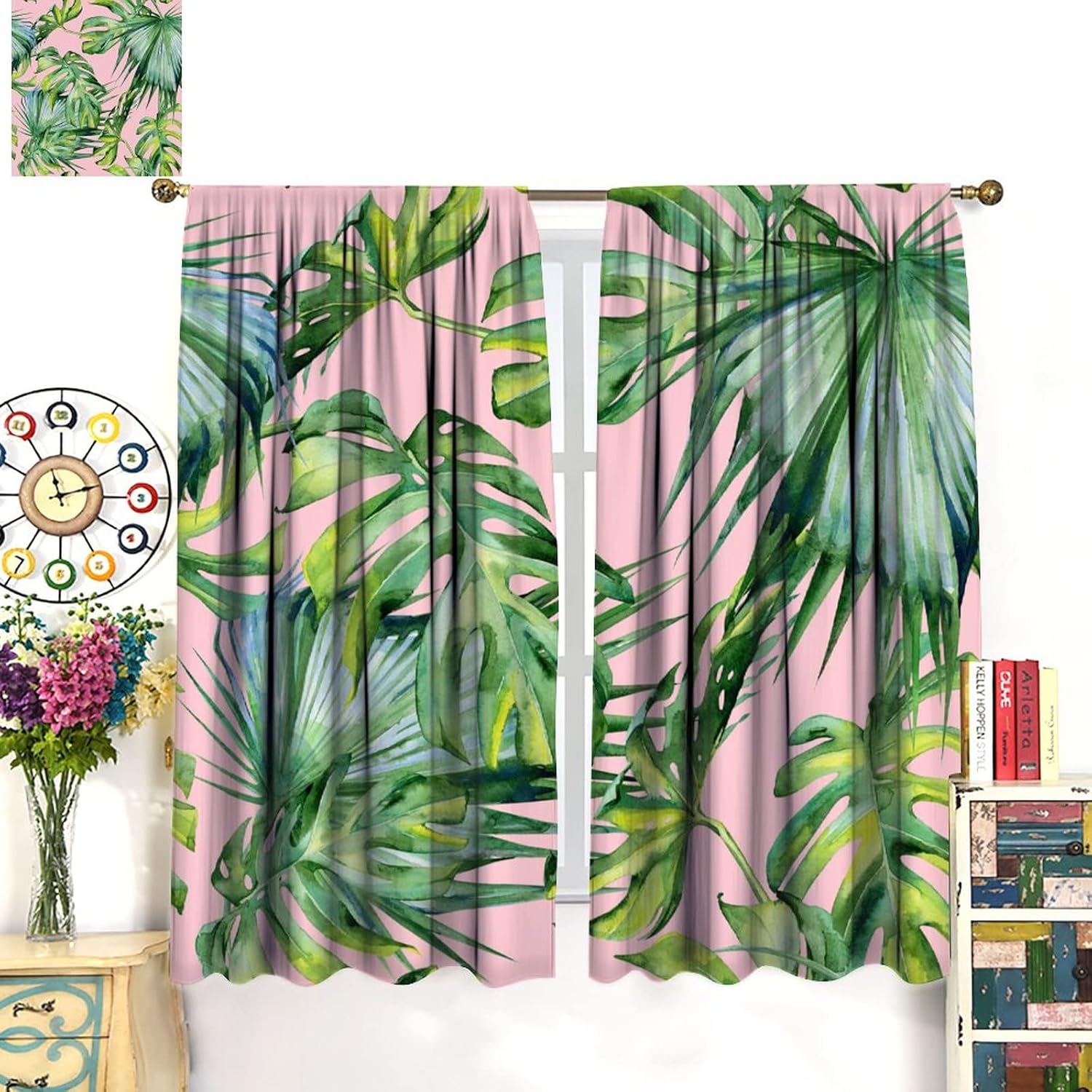 Palm Leaf Curtains, Palm Leaf Banana Leaf Green Tropical Plant Nature Theme Print Pink Curtain Design, Bedroom Living Room Cafe Window Treatments Curtains, 2 Sets of Panel Set, 42x63 in.