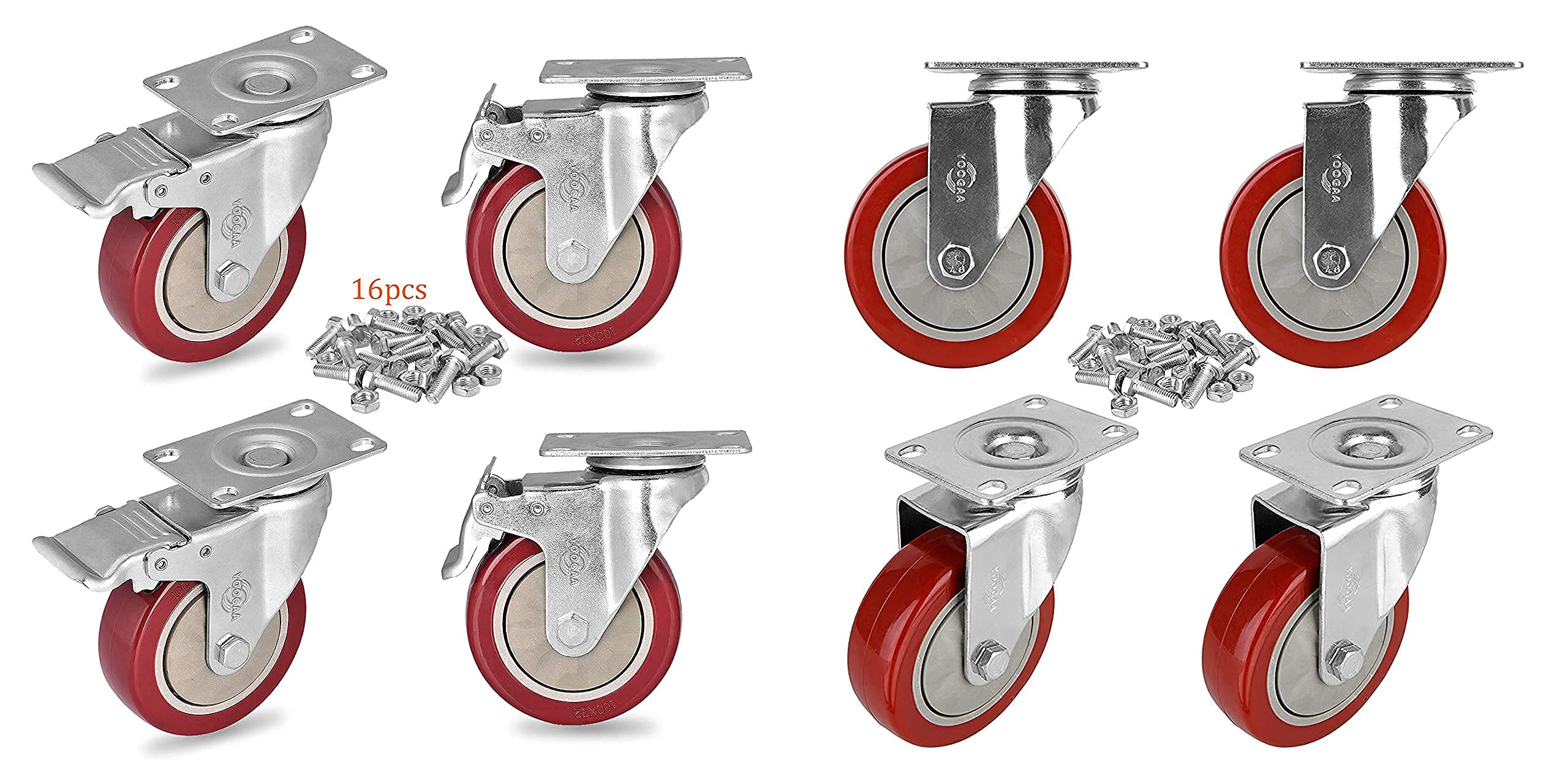 YOOGAA 5" Heavy Duty Caster Set of 8 Total Capacity 3000lbs Swivel Plate Caster Wheels 360 Degree with Screw - 4 with Brake & 4 Without Brake