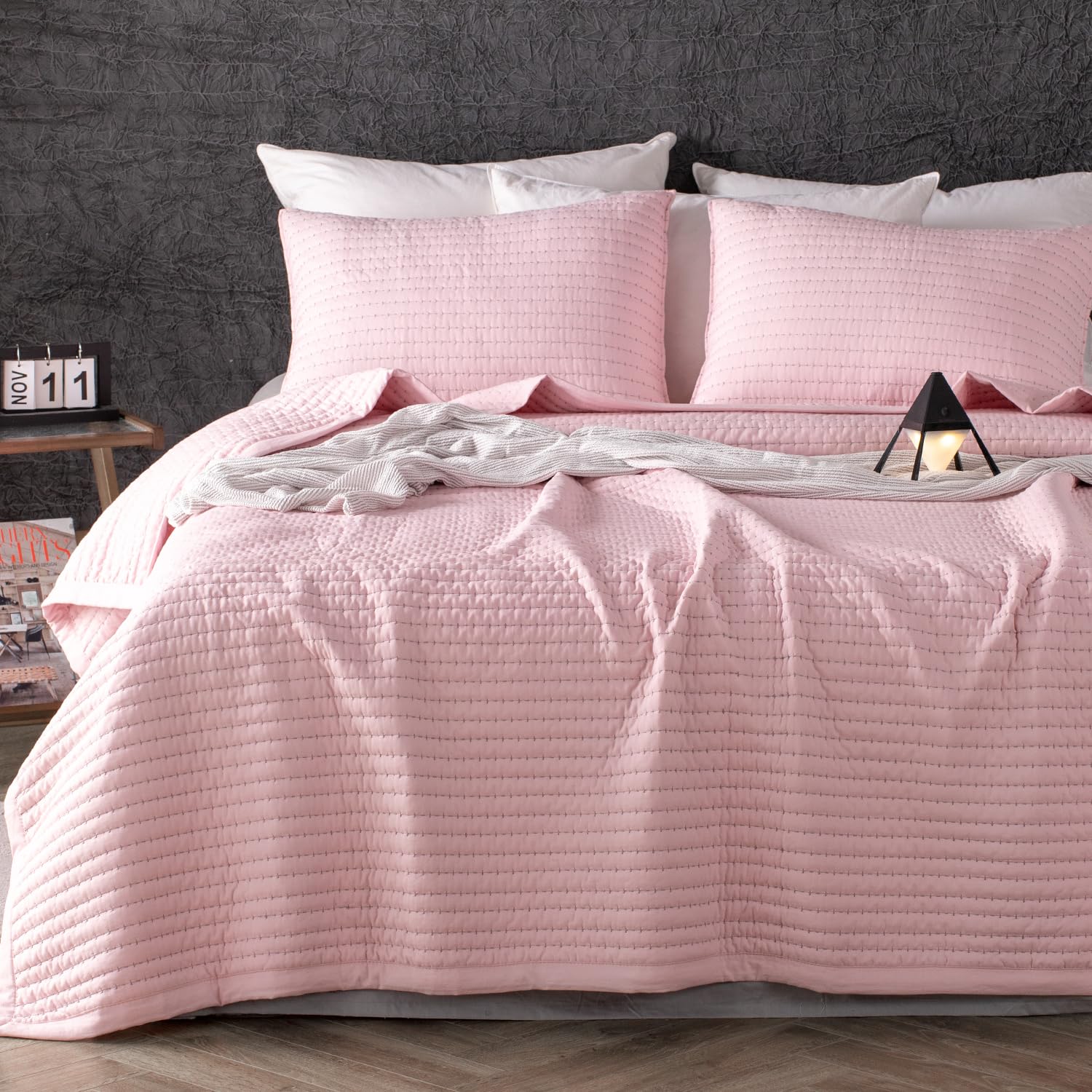 KASENTEX Quilt-Bedding-Coverlet-Blanket-Set, Machine Washable, Ultra Soft, Lightweight, Stone-Washed, Detailed Stitching - Solid Color (Pink, Oversized Queen + 2 Shams)