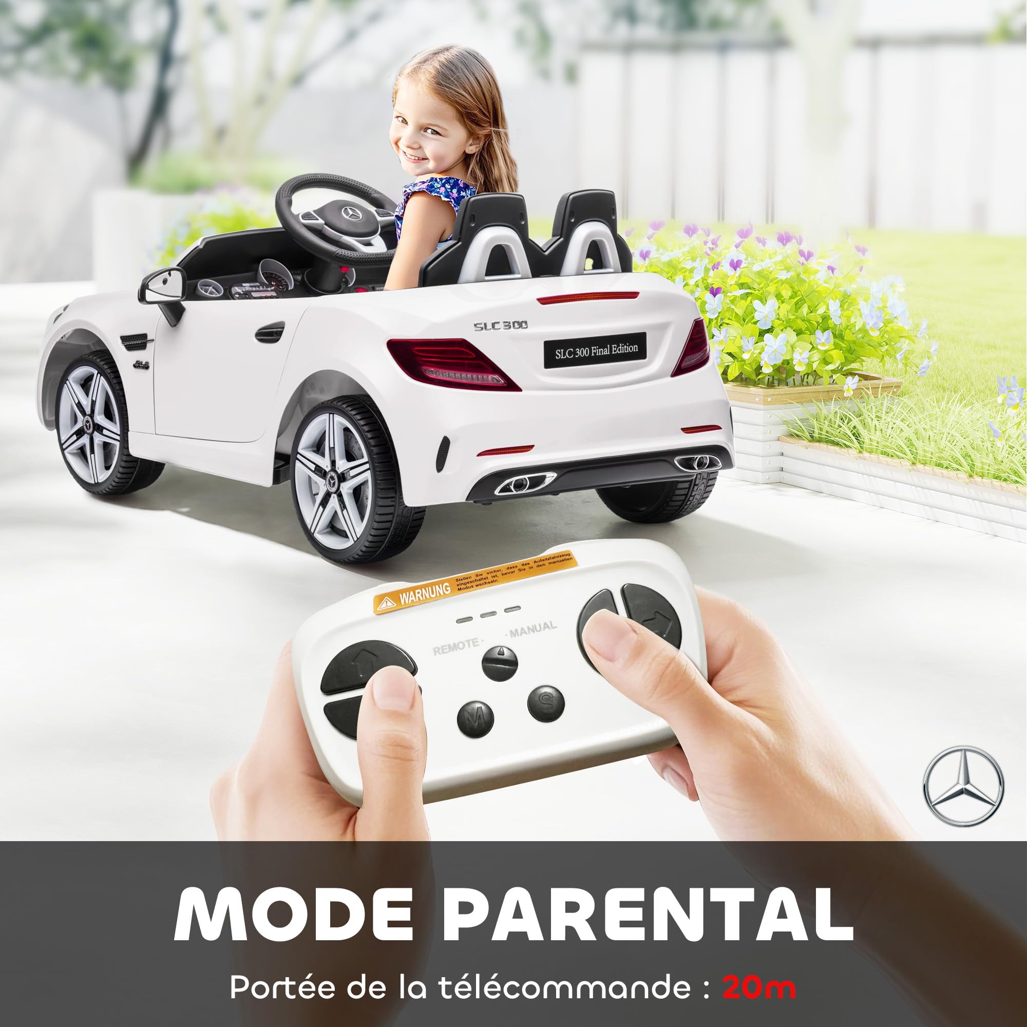 AIYAPLAY Samochód elektryczny dla dzieci Mercedes SLC 300 12V Biały | 5 km/h, efekty dźwiękowe + światło, pilot dla rodziców 2,4G, pojazd elektryczny dla dzieci 3-6 lat