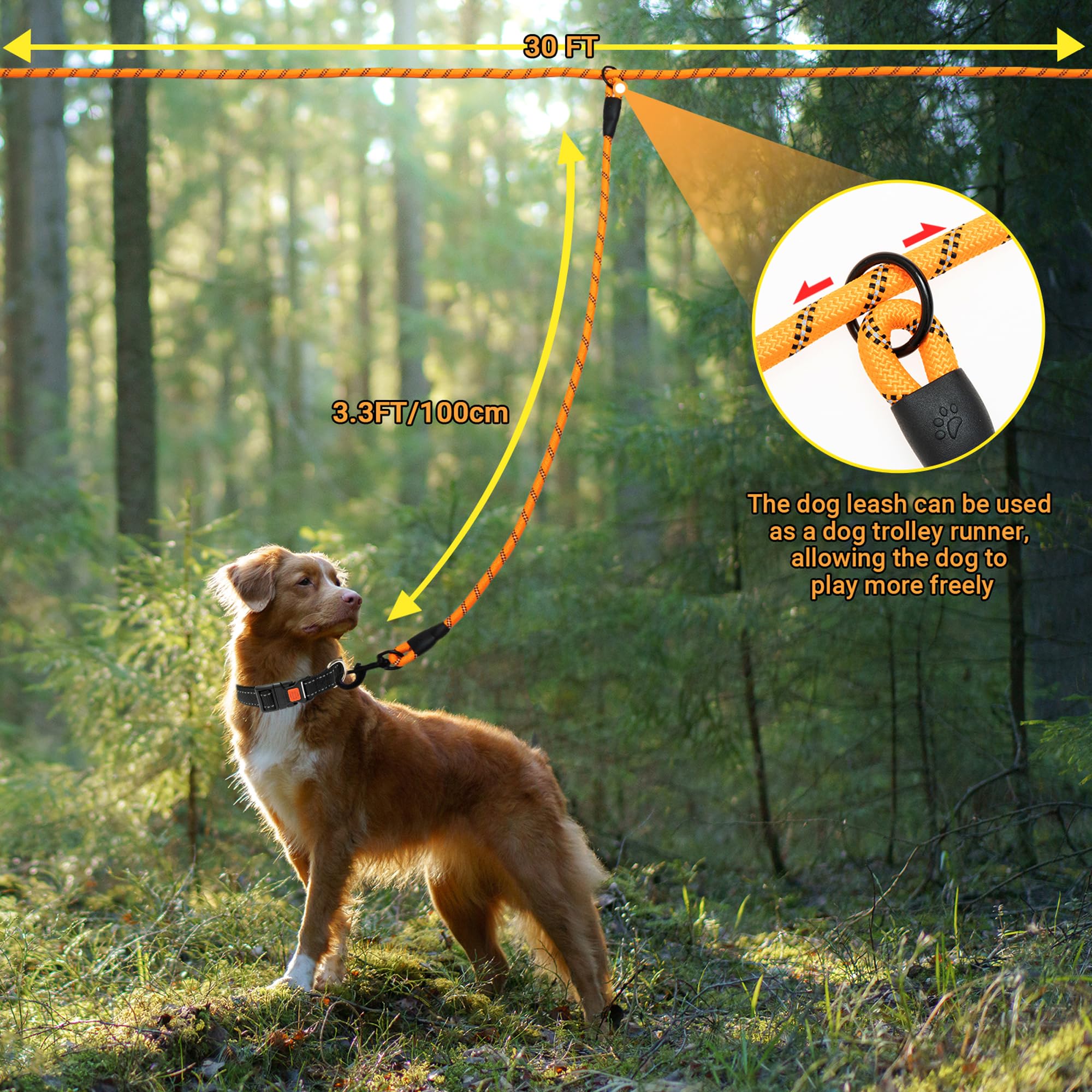 Cable de amarre para perro, resistente con 3 ganchos giratorios para entrenamiento de patio, campamento al aire libre, correa larga reflectante para perros pequeños, medianos y grandes