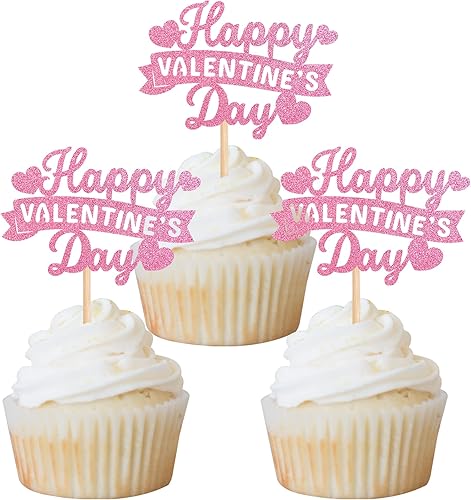 Miniatura 1 de Rsstarxi Paquete de 24 adornos rosados para cupcakes con purpurina para el día de San Valentín, decoración de pasteles para el día de San Valentín,