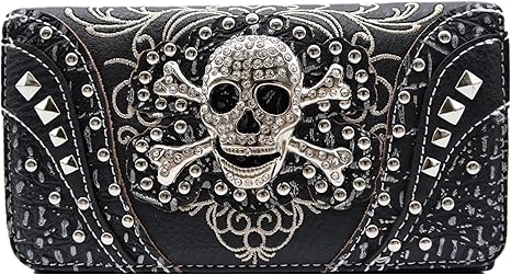 Sugar Skull Day of the Dead Cross Bone Studs Punk Gothic Art Rivet Studded Women Wristlet Trifold Wallet (#2 Black)