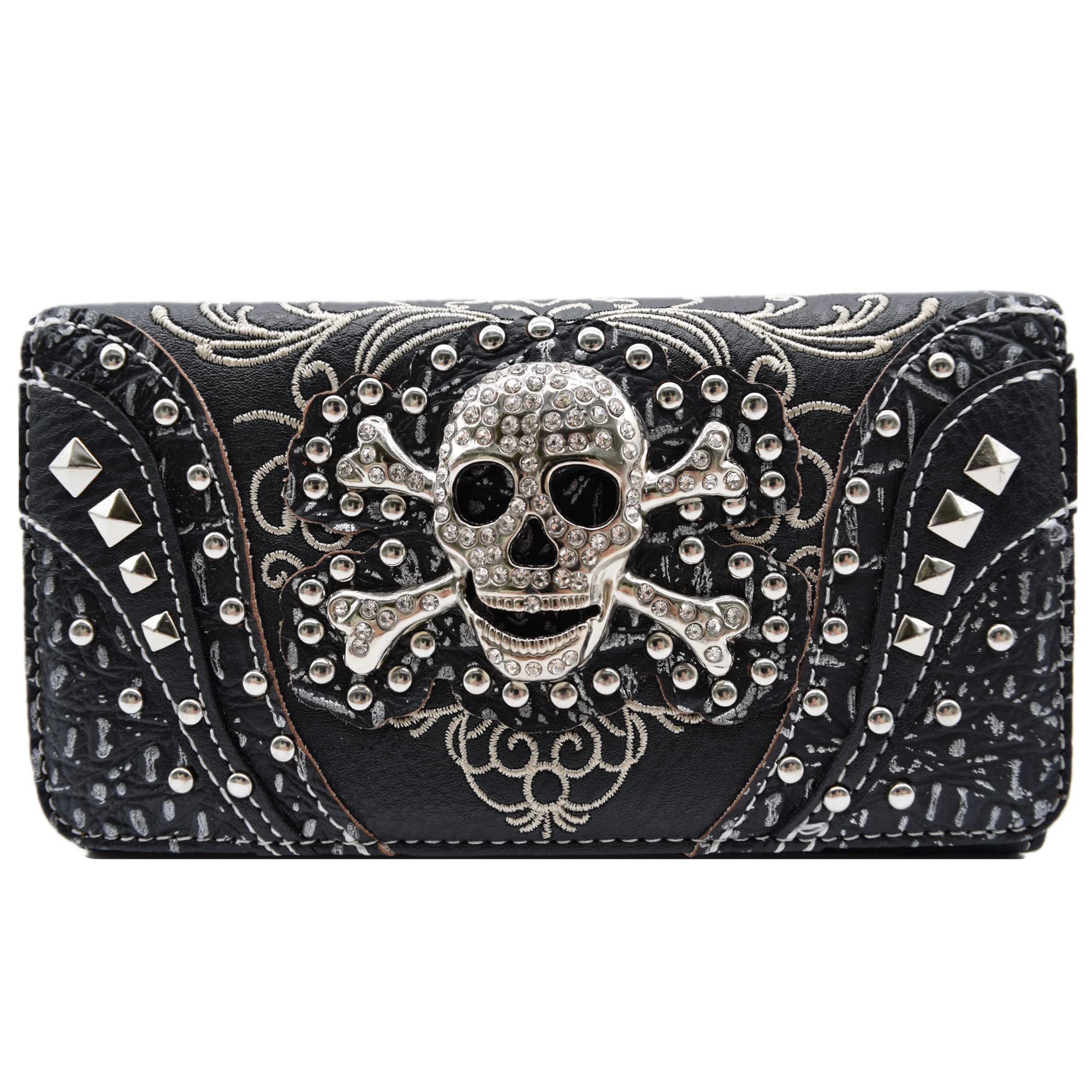 Sugar Skull Day of the Dead Cross Bone Studs Punk Gothic Art Rivet Studded Women Wristlet Trifold Wallet (#2 Black)