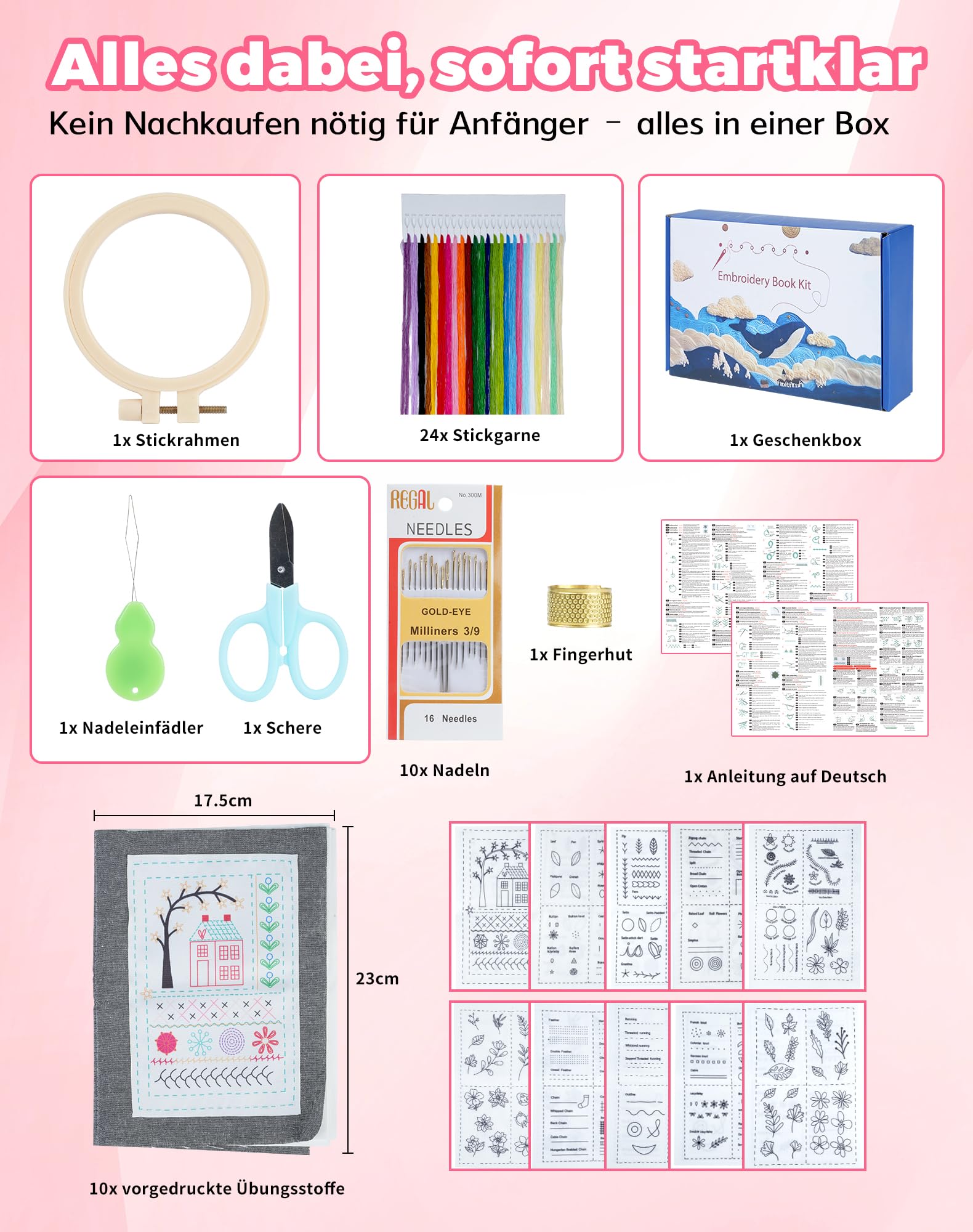 Stickbuch mit Stickstichen Komplettes DIY Stickbuch zum selber Sticken Stickset für Anfänger Erwachsene inkl. Garn Nadeln Übungsstoff, Systematisches Lernset Stickset Buch Stichbuch Embroidery Book