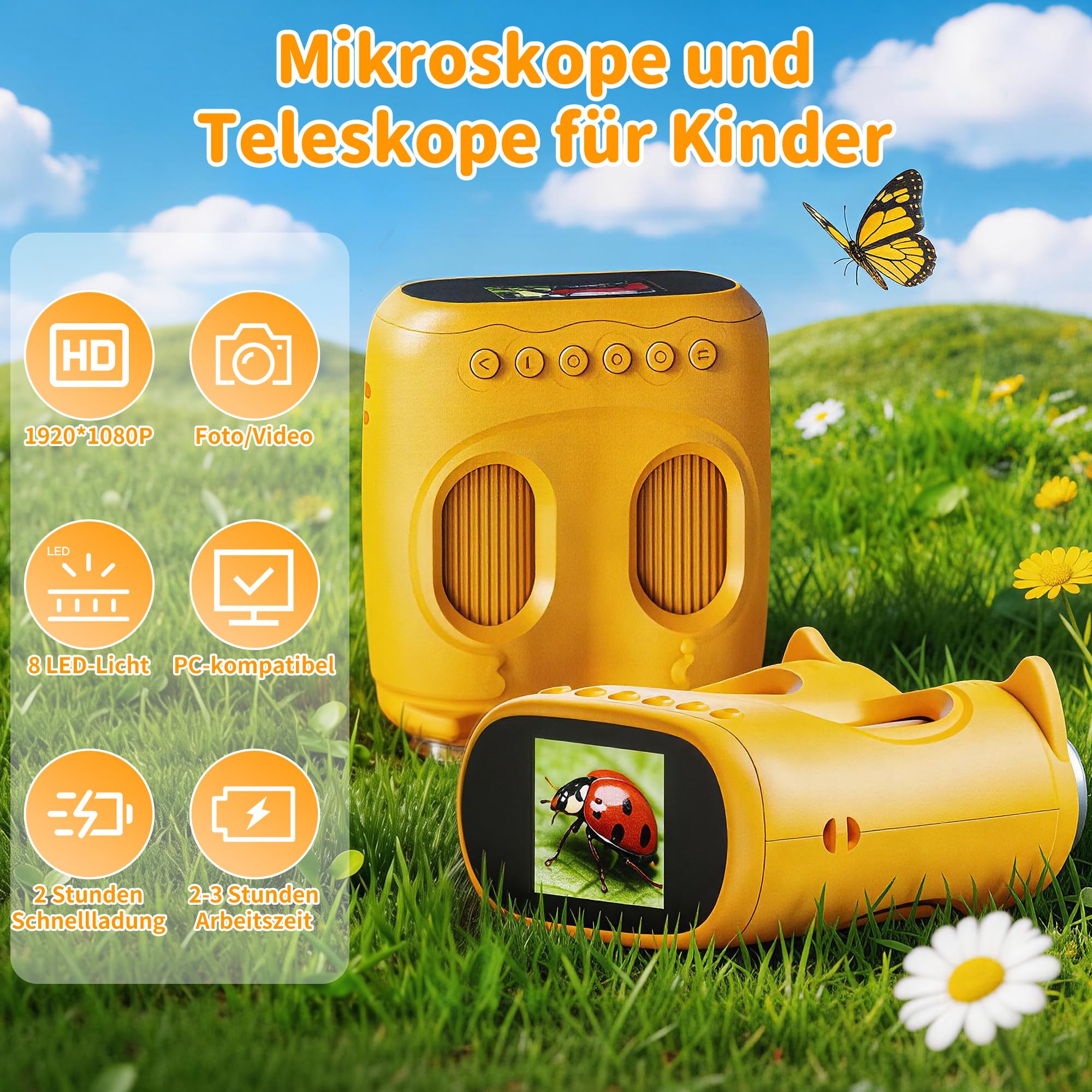 2-in-1-Mikroskop und Teleskop, 1000 x Handmikroskop, 10-faches Teleskop für Kinder, Temodu 4K 2.0 inch Bildschirm, Kinder-Teleskope mit 1920p,Mini-Taschen-Mikroskop, Science draussen ab 3 Jahren