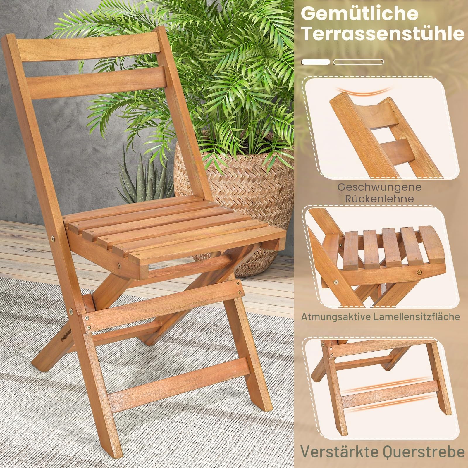 GIANTEX Balkonmöbel Kleiner Balkon, Bistrotisch mit 2 Stühlen, Gartenmöbel Set Holz klappbar, Balkonset Bistroset Outdoor, Terrassenmöbel 2 Personen, Garten Sitzgruppe Sitzgarnitur Gartengarnitur