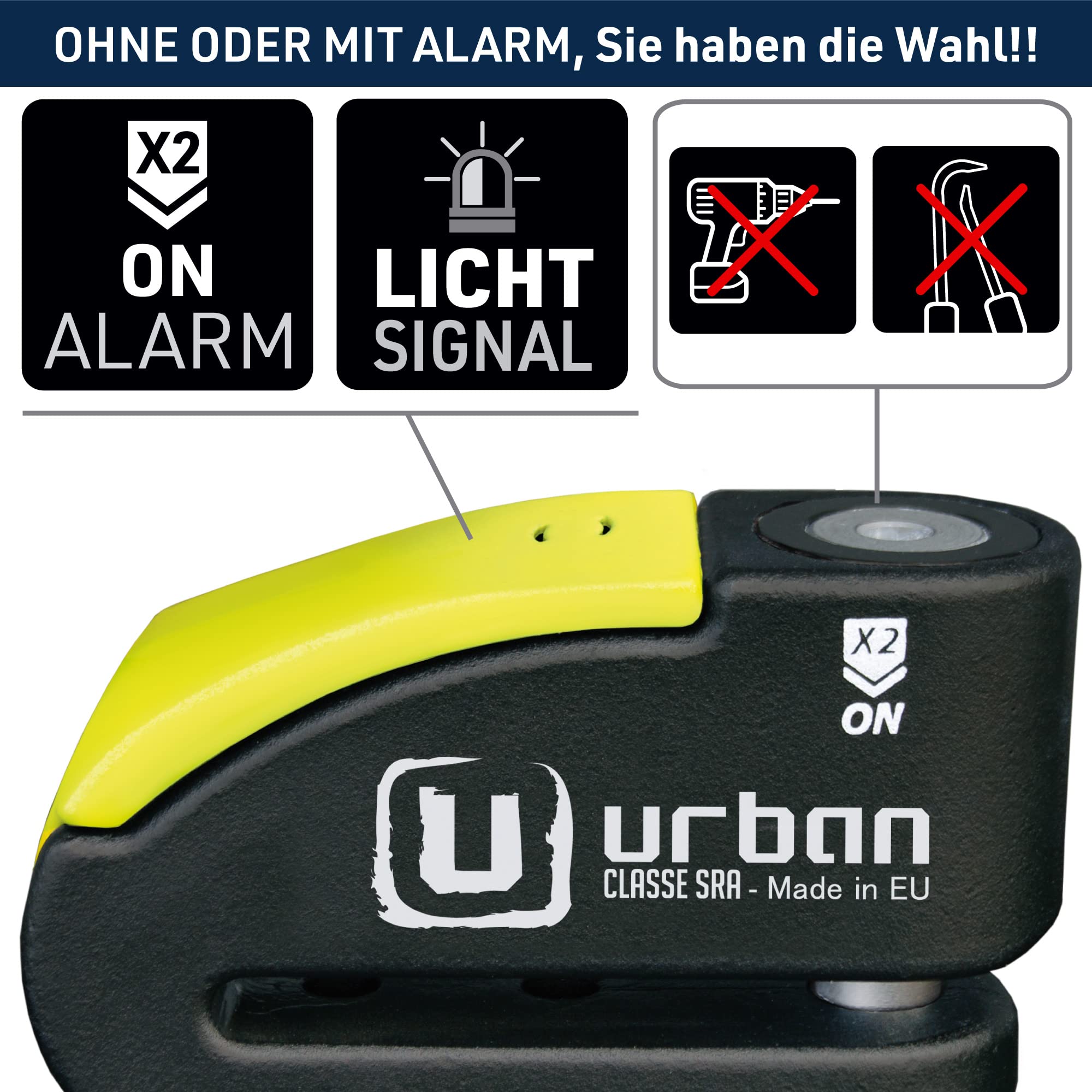 URBAN 999 Hi-Tech Bremsscheibenschloss mit Alarm 120dB ON/OFF Empfindlichkeit A+, Maximale Sicherheit mit SRA Zulassung, Doppelverriegelung ø14mm, Optionale Halterung, Motorradschloss mit Alarm