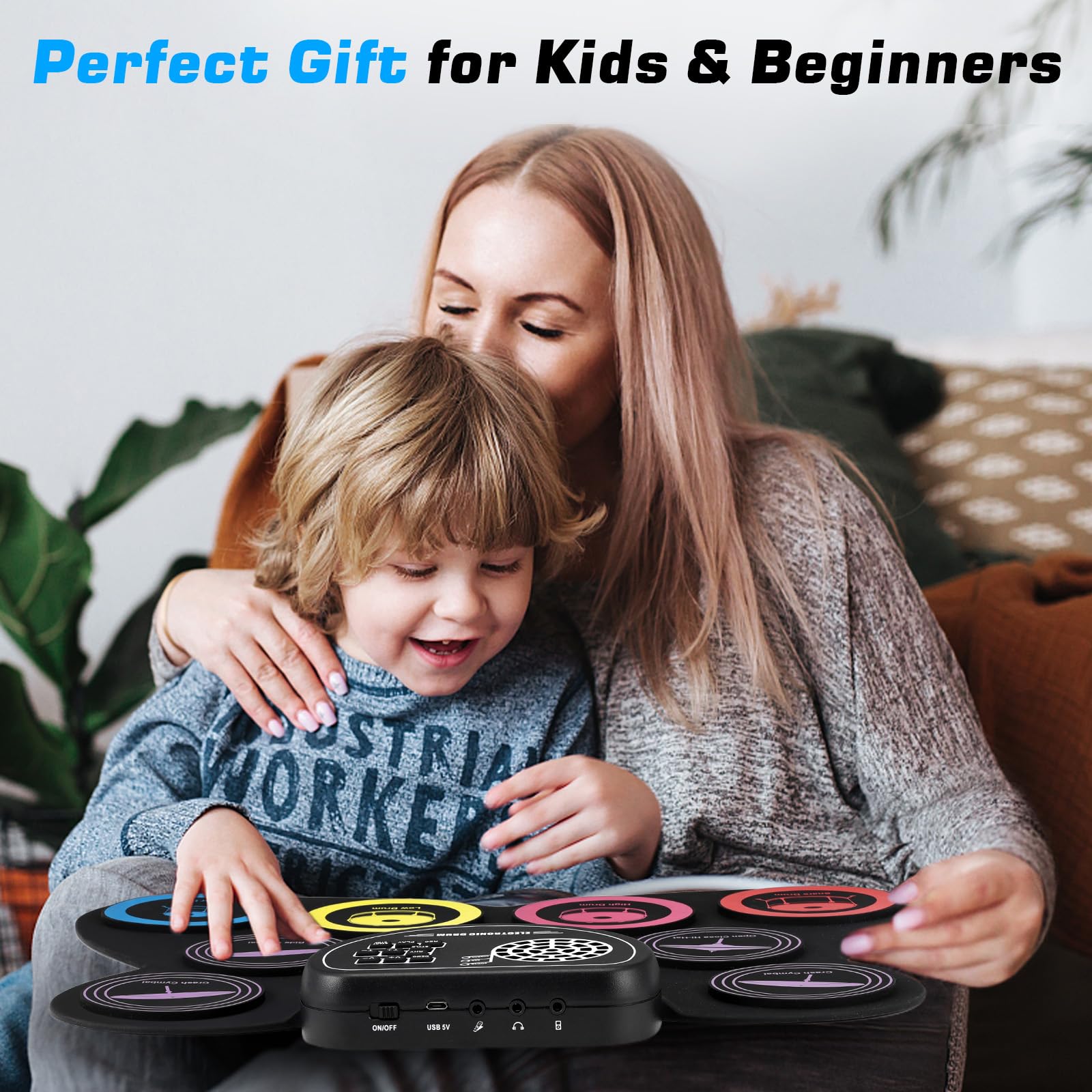 Anpro Batterie électronique avec Peau de Tambour de Couleur,Ensemble de Pratique de Batterie kit de Batterie électrique Portable,Convient aux Enfants, Adolescents, Adultes et débutants