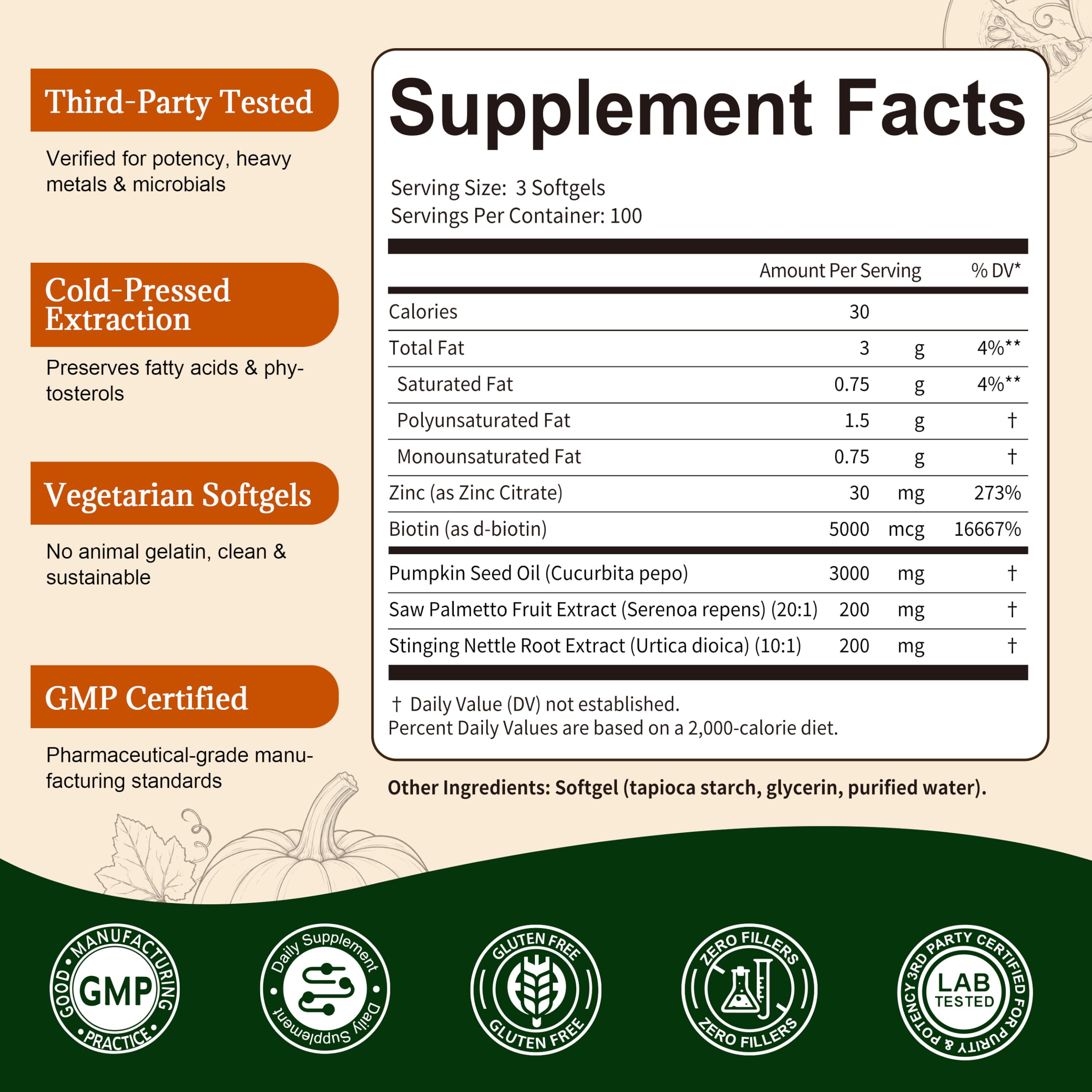 Pumpkin Seed Oil with Saw Palmetto Capsules for Men & Women – Biotin Stinging Nettle Root Zinc – DHT Blocker & Hair Growth Support – Cold Pressed,Essential Fatty Acids & Phytosterols – 300 Softgels — Amazon image 9