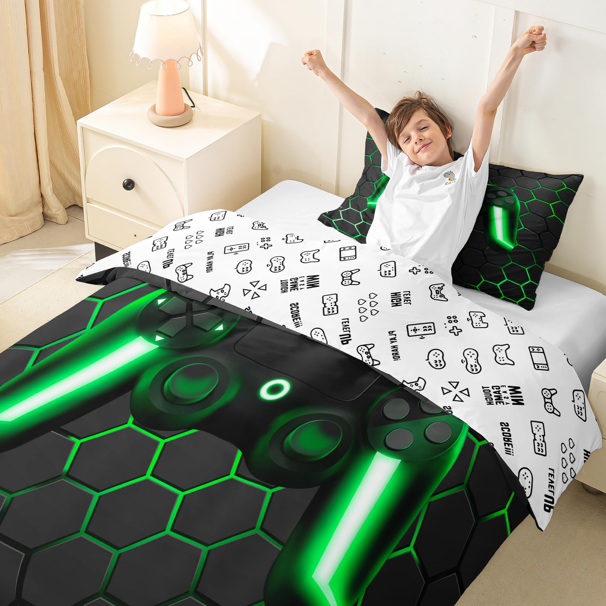 Homewish Juego de ropa de cama geométrica con diseño de panal de abeja, juego de ropa de cama para niños, adolescentes, jóvenes, colmenas, hexágonos, 2 unidades, 155 x 220 cm, gris y verde