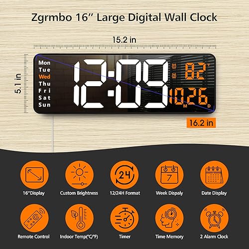 Miniatura 2 de Zgrmbo Reloj de pared digital grande de 16 pulgadas con control remoto, pantalla grande LED reloj de pared para sala de