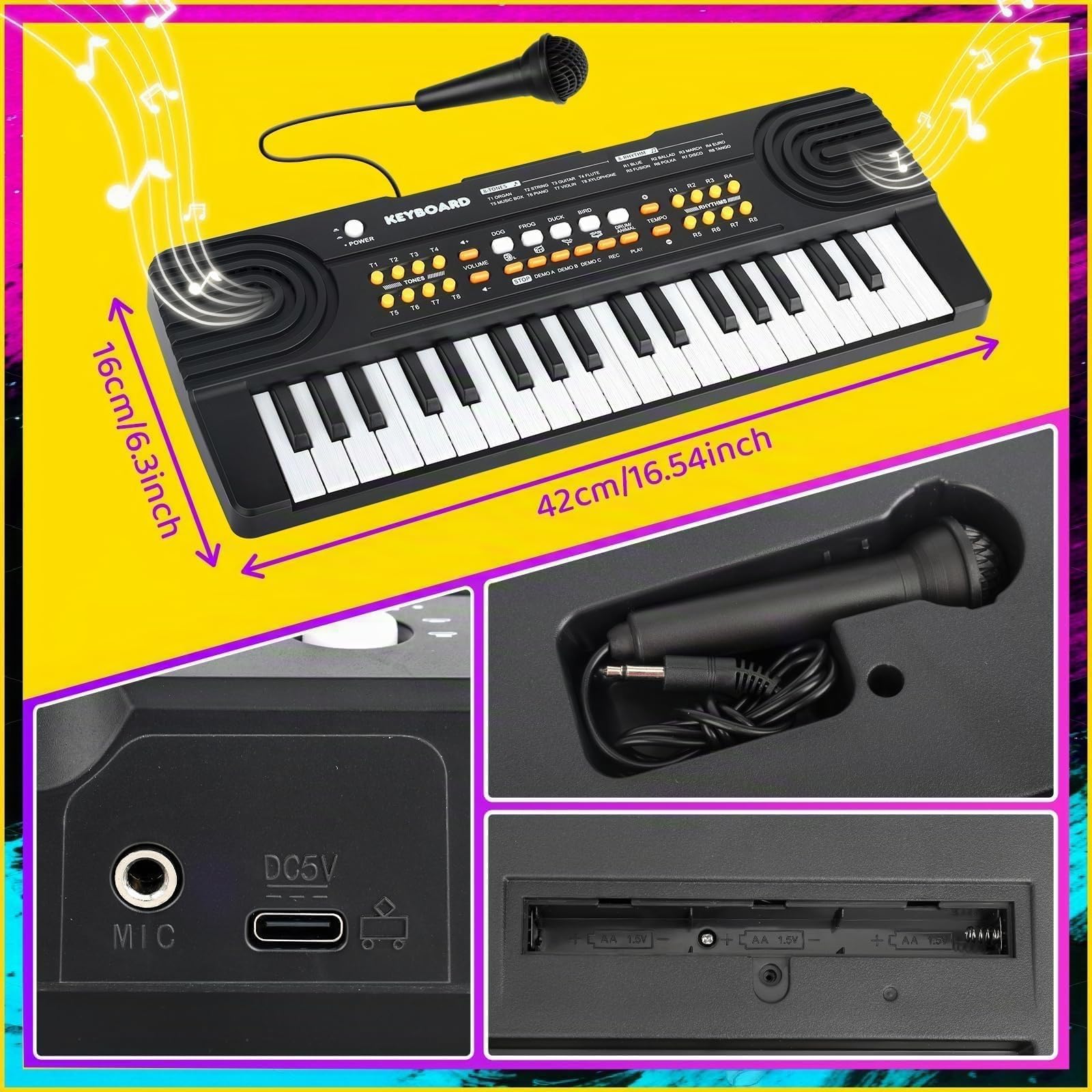 Clavier Piano pour Enfants 3-7 Ans Clavier 37 Touches Clavier Électronique Portable avec Microphone Jouet Musical Éducatif et Cadeau Populaire pour Garçons et Filles (Noir)