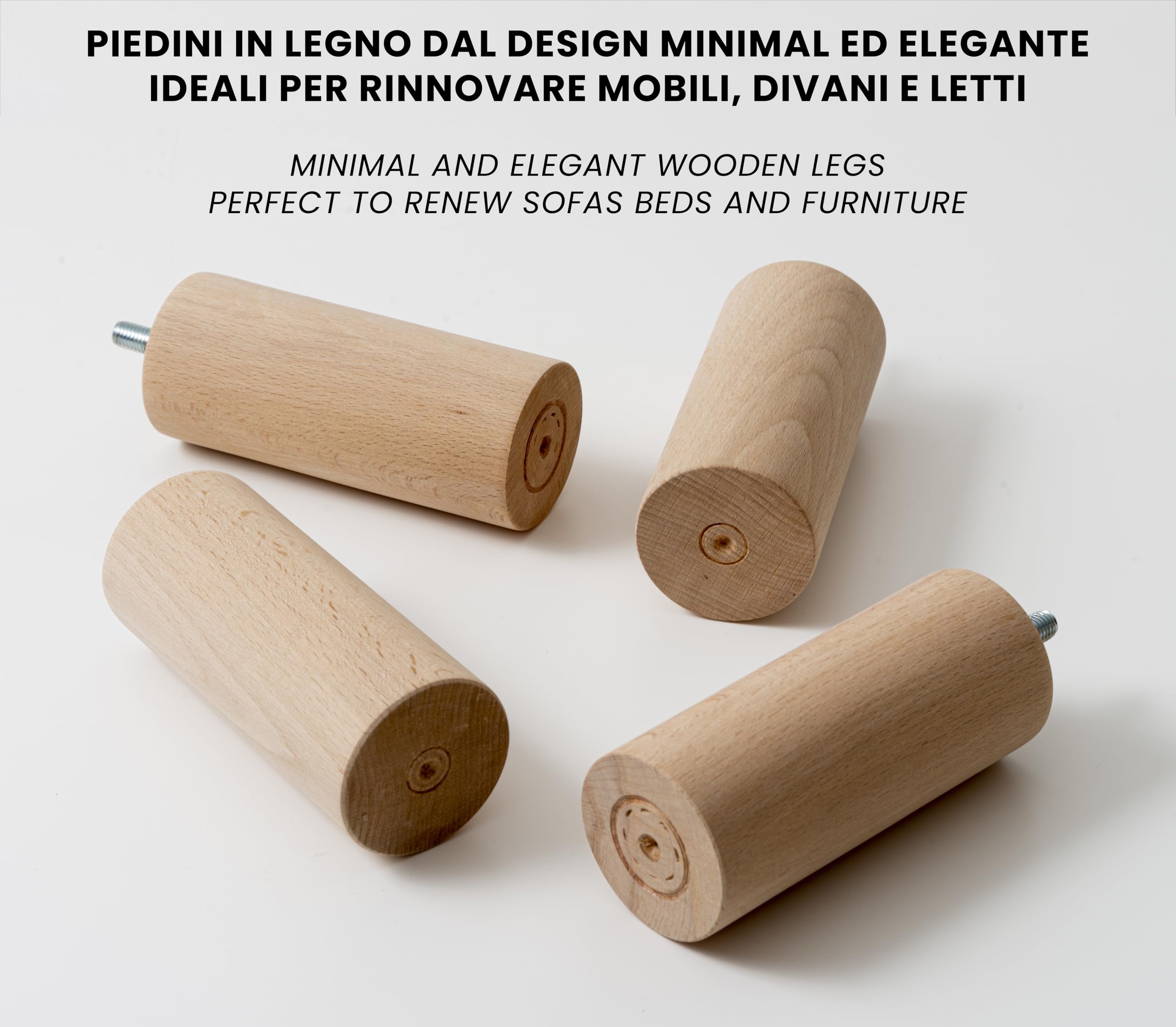 IPEA Piedini in Legno per Mobili e Divani - Altezza 140 mm – [ DESIGN MINIMAL ED ELEGANTE ] - Set di 4 Piedi in Legno Grezzo per Armadi, Poltrone, Arredamento Casa - Gambe per Letti – Vite M10
