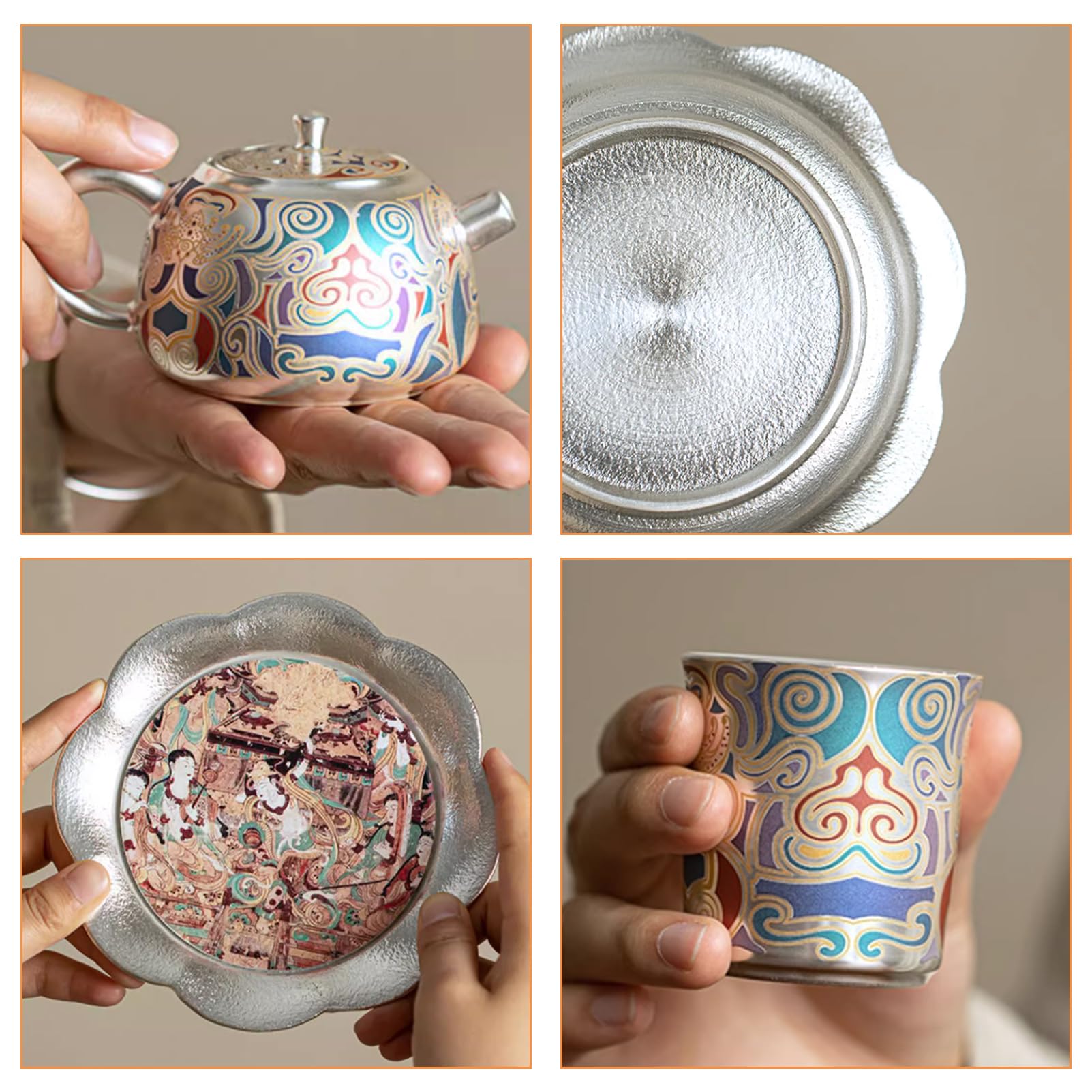 FOTN Juego de té vintage único, cerámica y plata, 1 olla, 2 tazas, 1 alfombrilla para olla, 1 caja de regalo, juegos de té KungFu, juego de tazas de café de lujo, taza para beber
