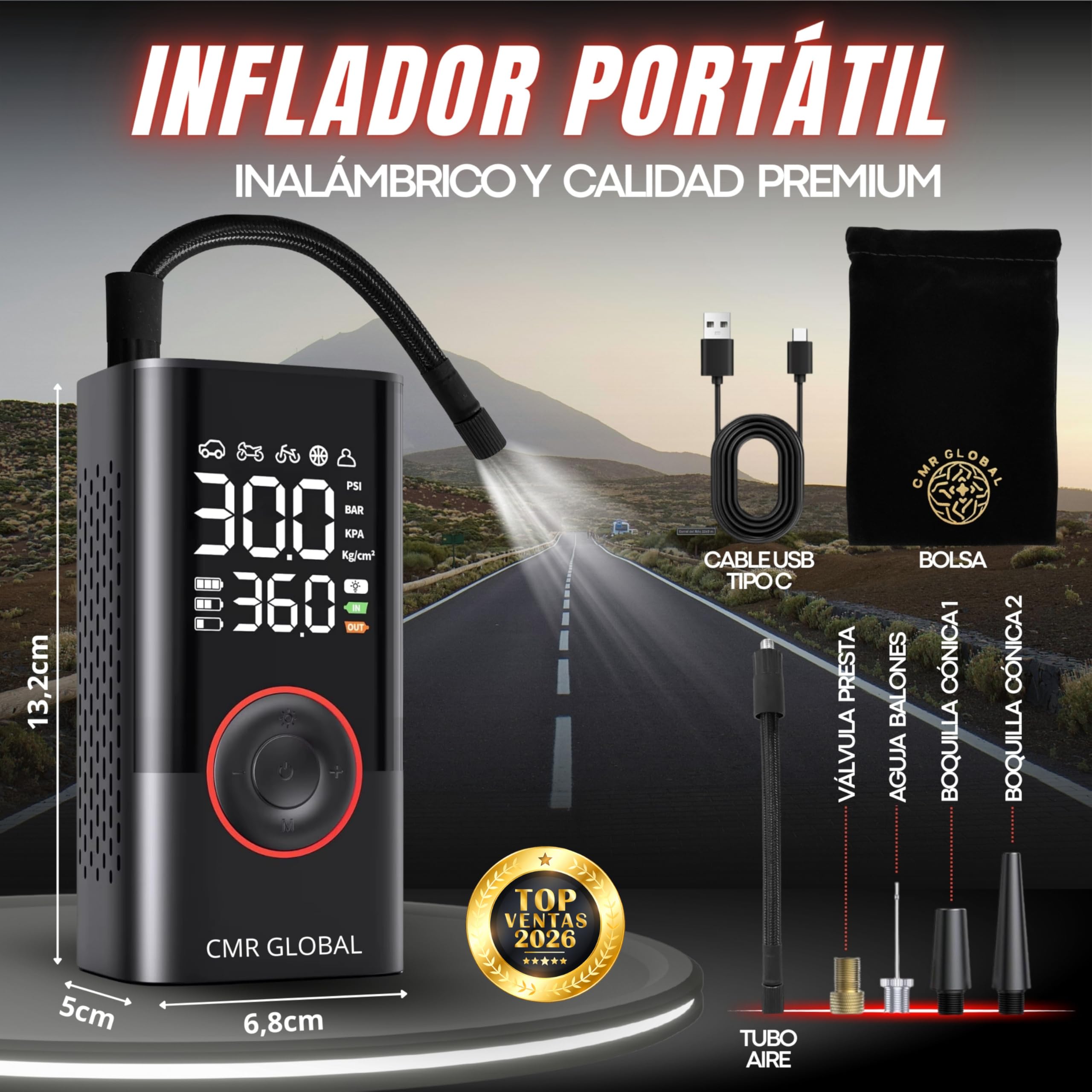 SUPER PRO Compresor Aire Portatil. Inflador Ruedas Coche. Inflador Eléctrico con Linterna 150 PSI para Coche Moto Bicicleta Pelota. Hinchador eléctrico Batería Recargable 4000 mAh. Viaje Emergencia - 4