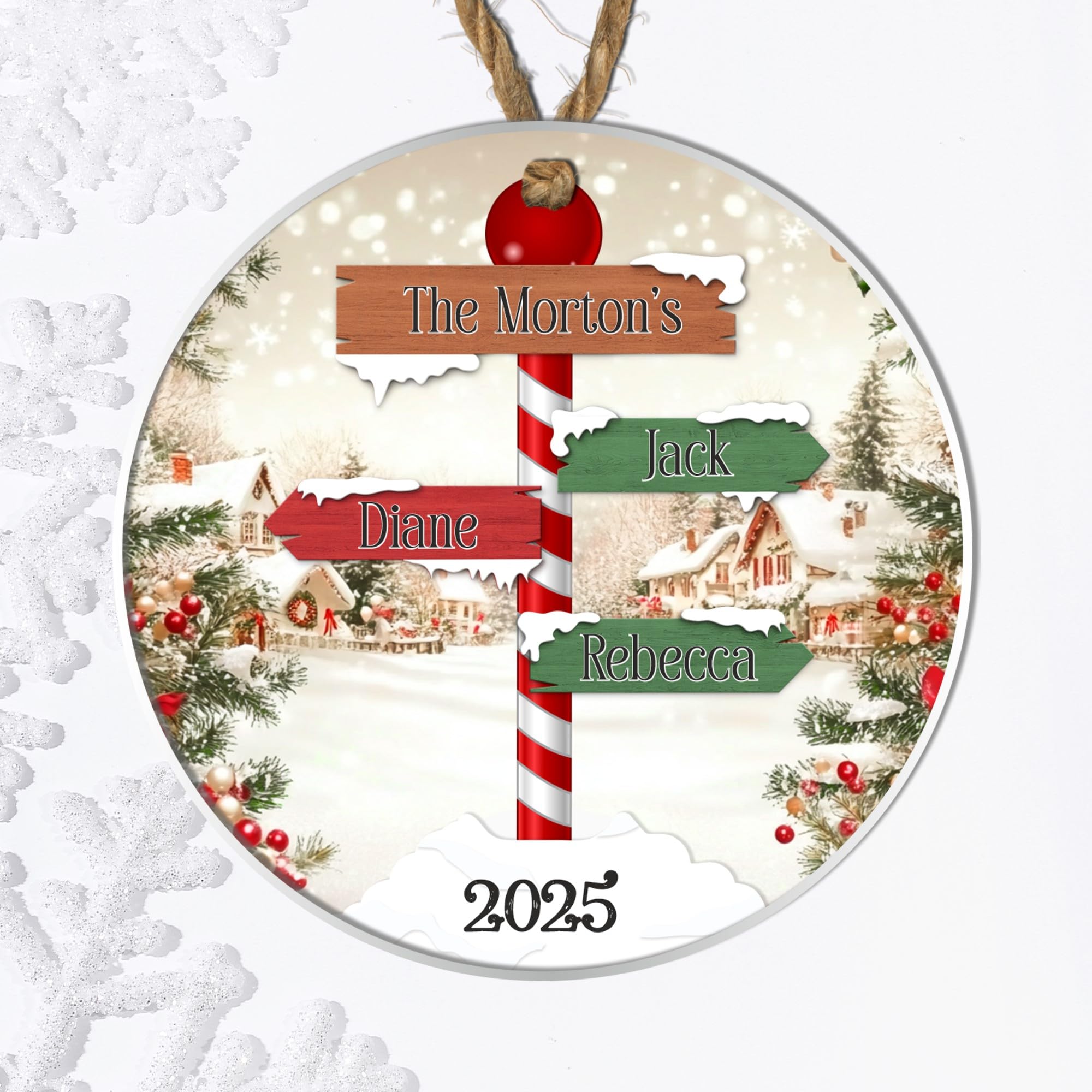 Personalised Winter Family Signpost Hanging Tree Decoration - Custom Children's Names Round Bauble with Snowy Scene for Family Keepsake Gifts (3 Sign posts, Acrylic - Indoor & Outdoor Use)