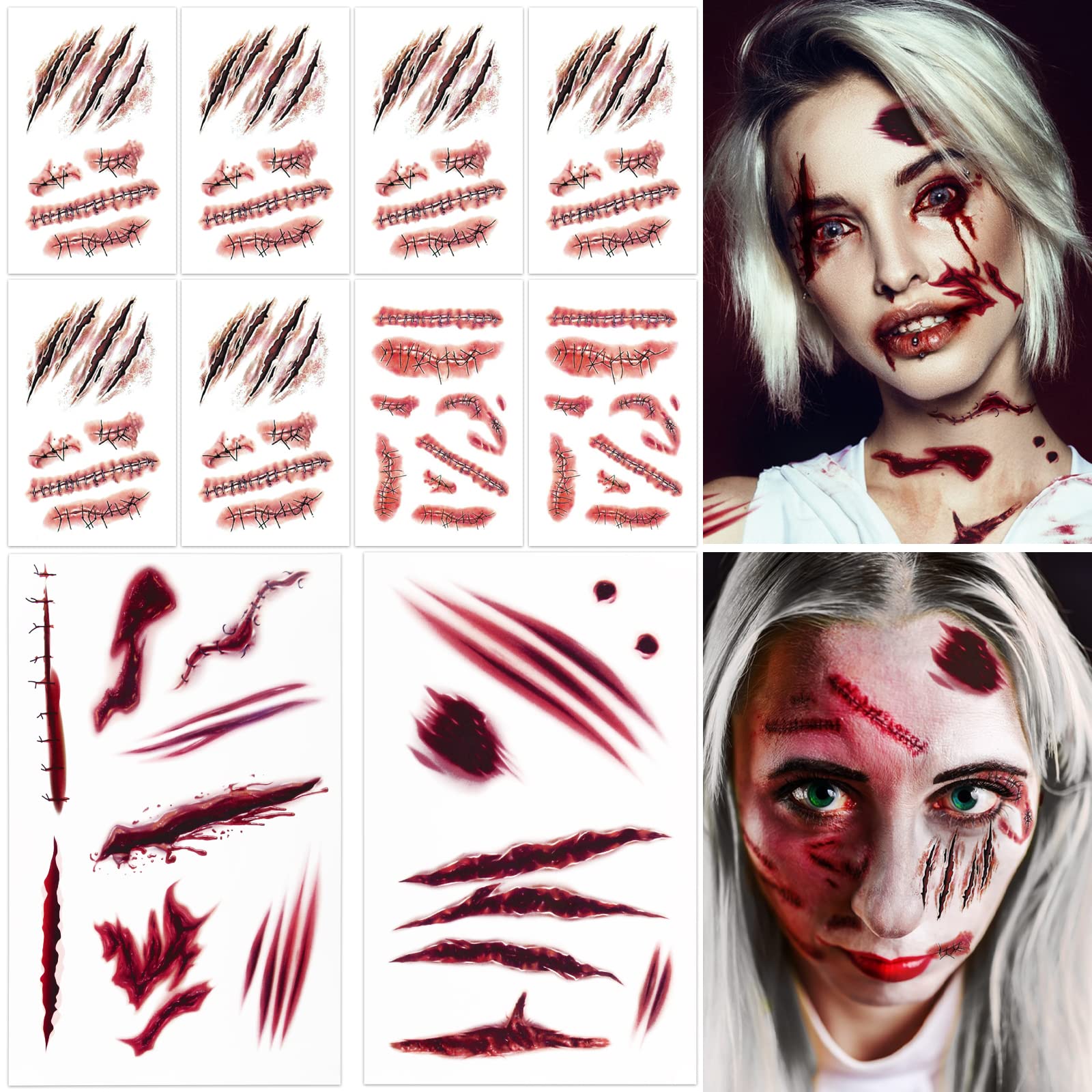 Adesivi per Tatuaggi Cicatrice di Halloween,30 Fogli Adesivi per Tatuaggi Finti di Zombie