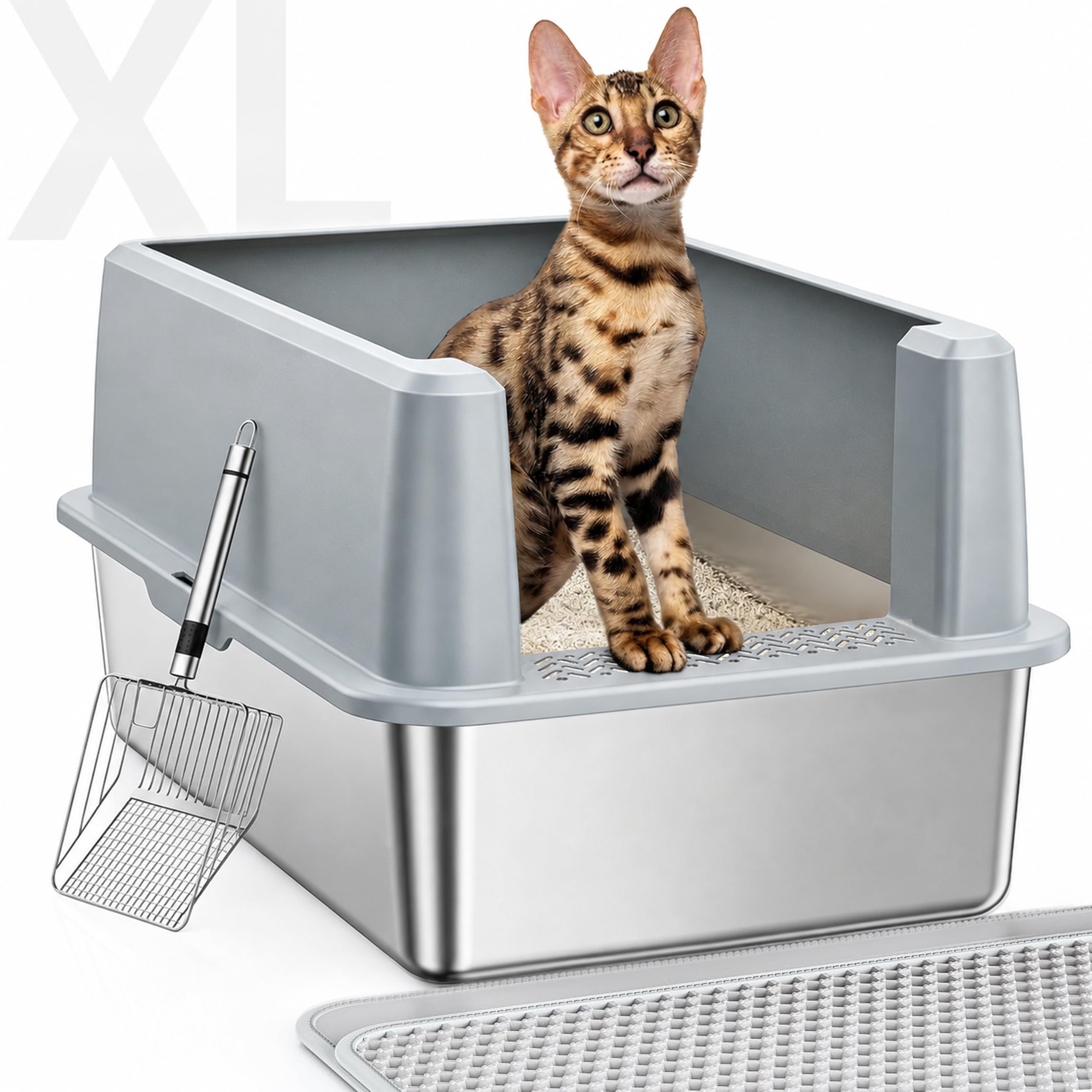 WoofiGo XL Stainless Steel Litter Box, High Sided Litter Pan for Big Cats
