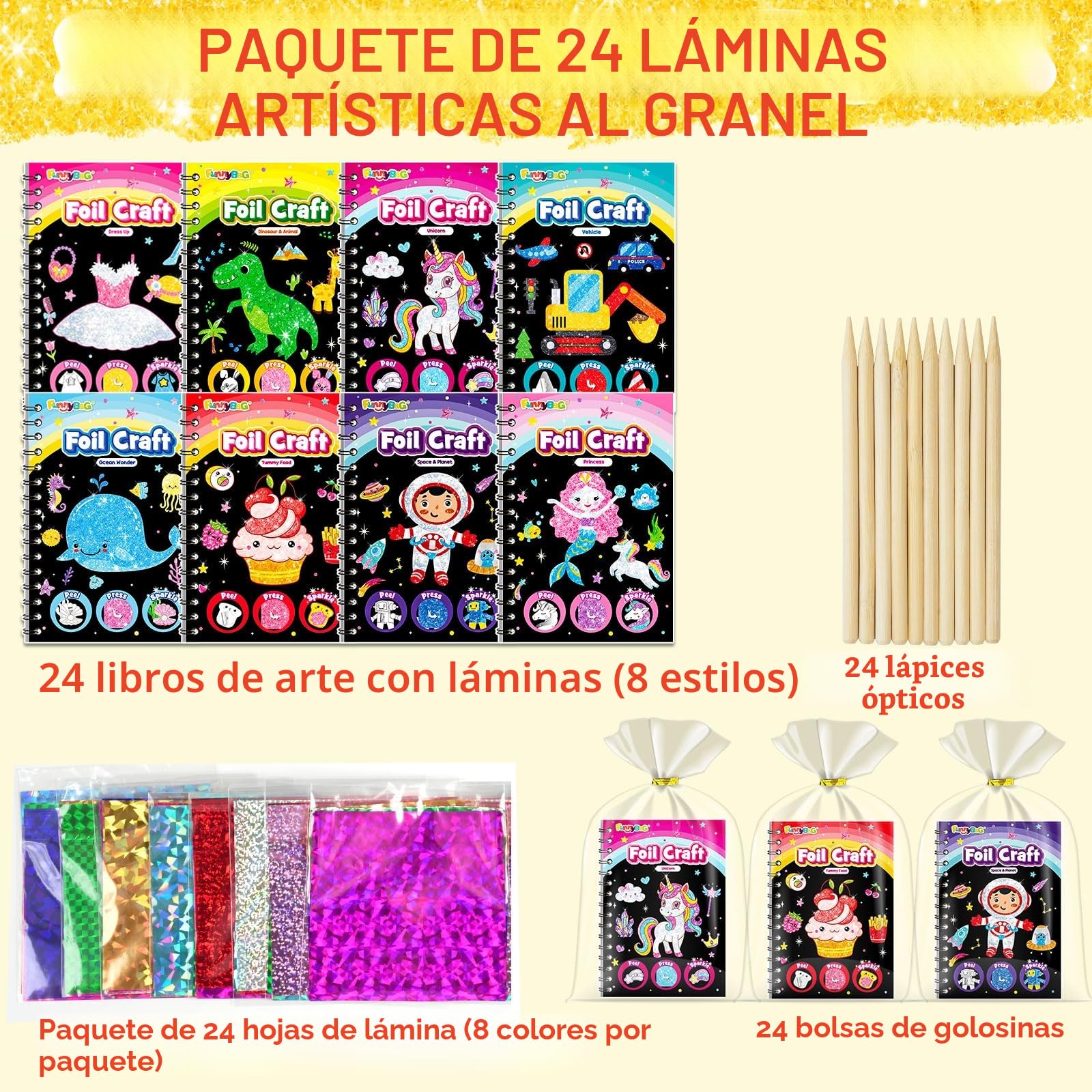 FUNNYB&G Arte con Foil Actividad Libros Colorear Detalles Cumpleaños niños, 2 IN 1 Foil Art&Livros de Colorir infantis, Regalos Cumpleaños Niños Colegio|Manualidades Niños Niña 4-10 Años (clásico 24)