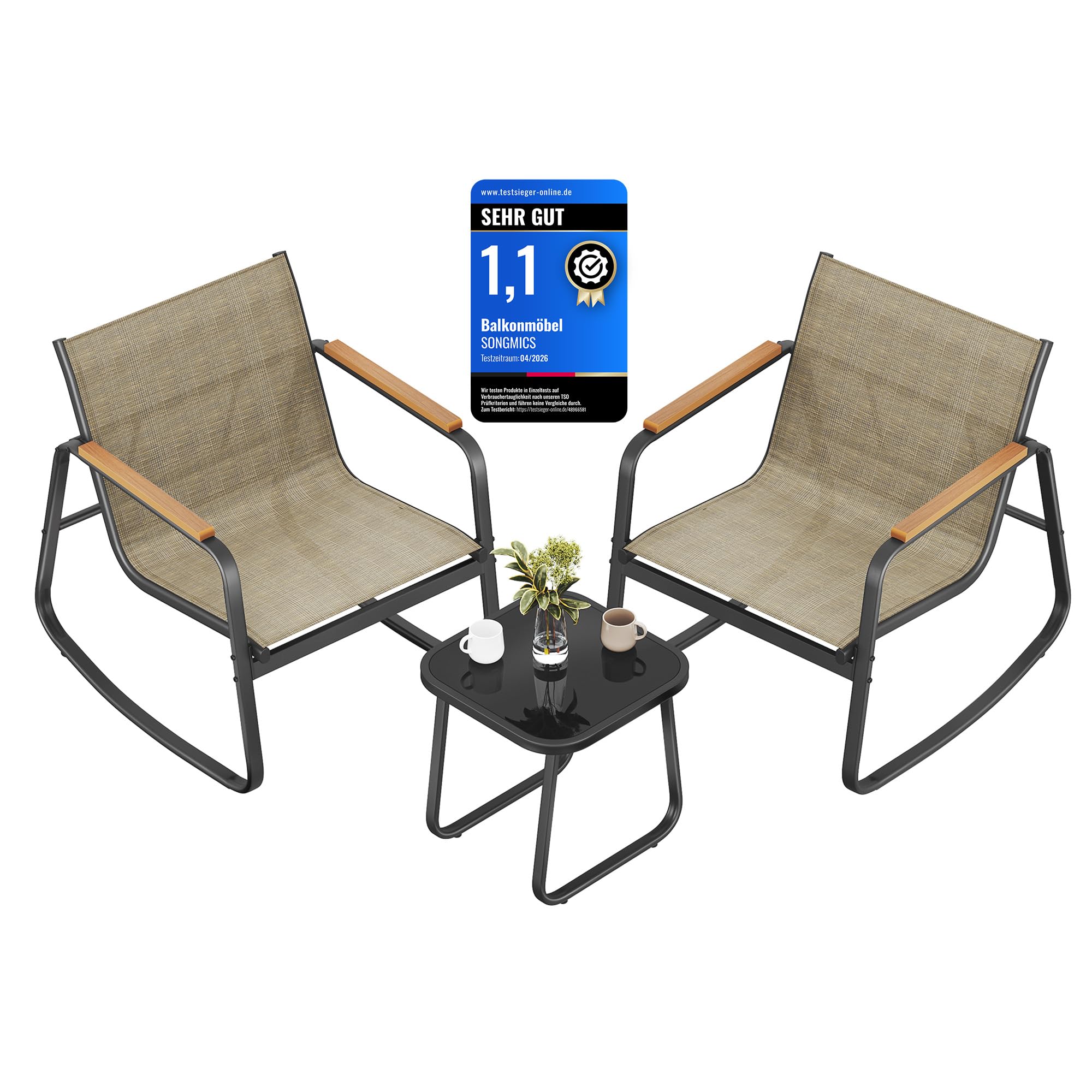 SONGMICS Gartenmöbel-Set, Balkonmöbel, 2 Schaukelstühle mit Tisch, Stahl, Terrassenmöbel, mit Armlehnen, atmungsaktives Kunstfasergewebe, Terrasse, Garten, tintenschwarz GGF0027B01