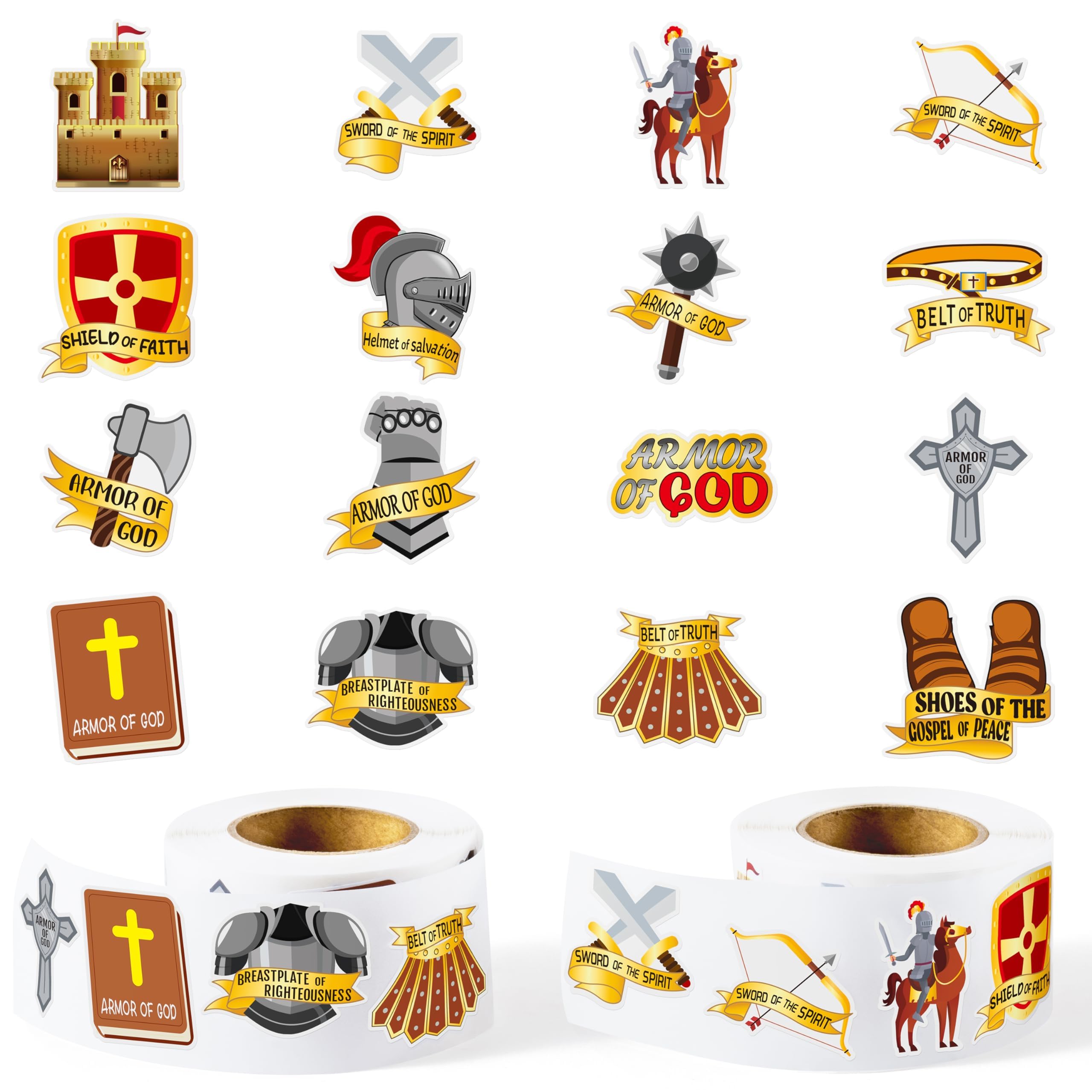 Haooryx Christian Religious Bible Stickers - 1000pcs Armor of God Self-Adhesive Stickers Rolls Christian Religious Giftwrap Decals Bible Armor Medieval Knight Castle Sword Bullet Journal Reward Prizes