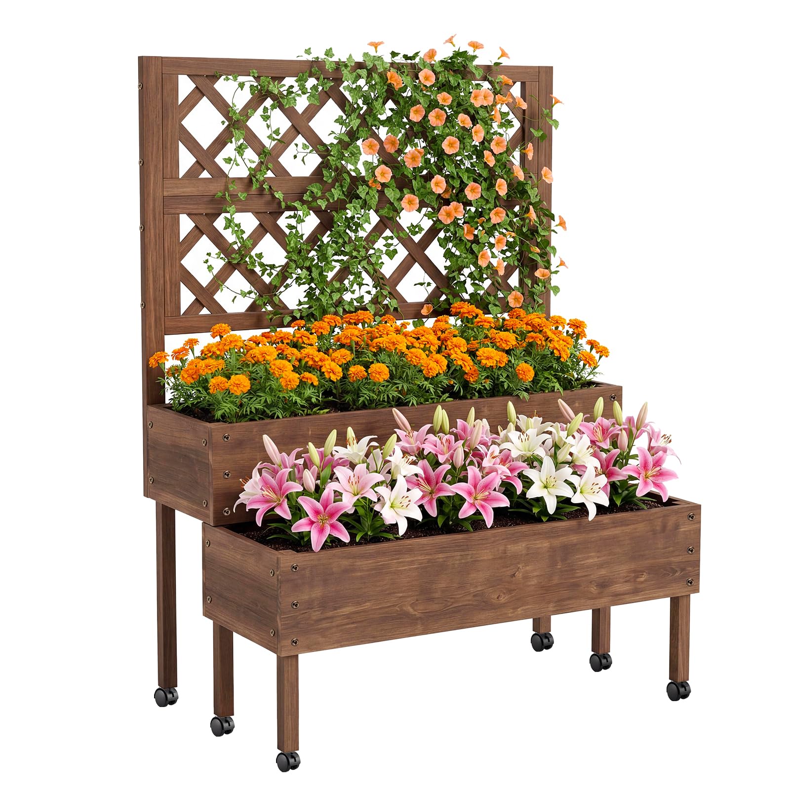 Garvee - Jardinera elevada de 2 niveles con celosía – Bandeja para plantas vertical de madera sobre pies, ruedas y agujeros de drenaje, perfecta para crear una pantalla de intimidad en extensor