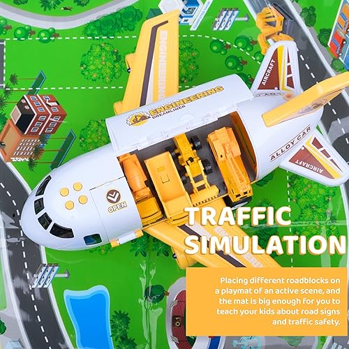 Miniatura 6 de TOYTHRILL Juguete de avión interactivo con autos de juguete, avión de juguete con luces, música, efecto de niebla de chorro y tapete de juego,