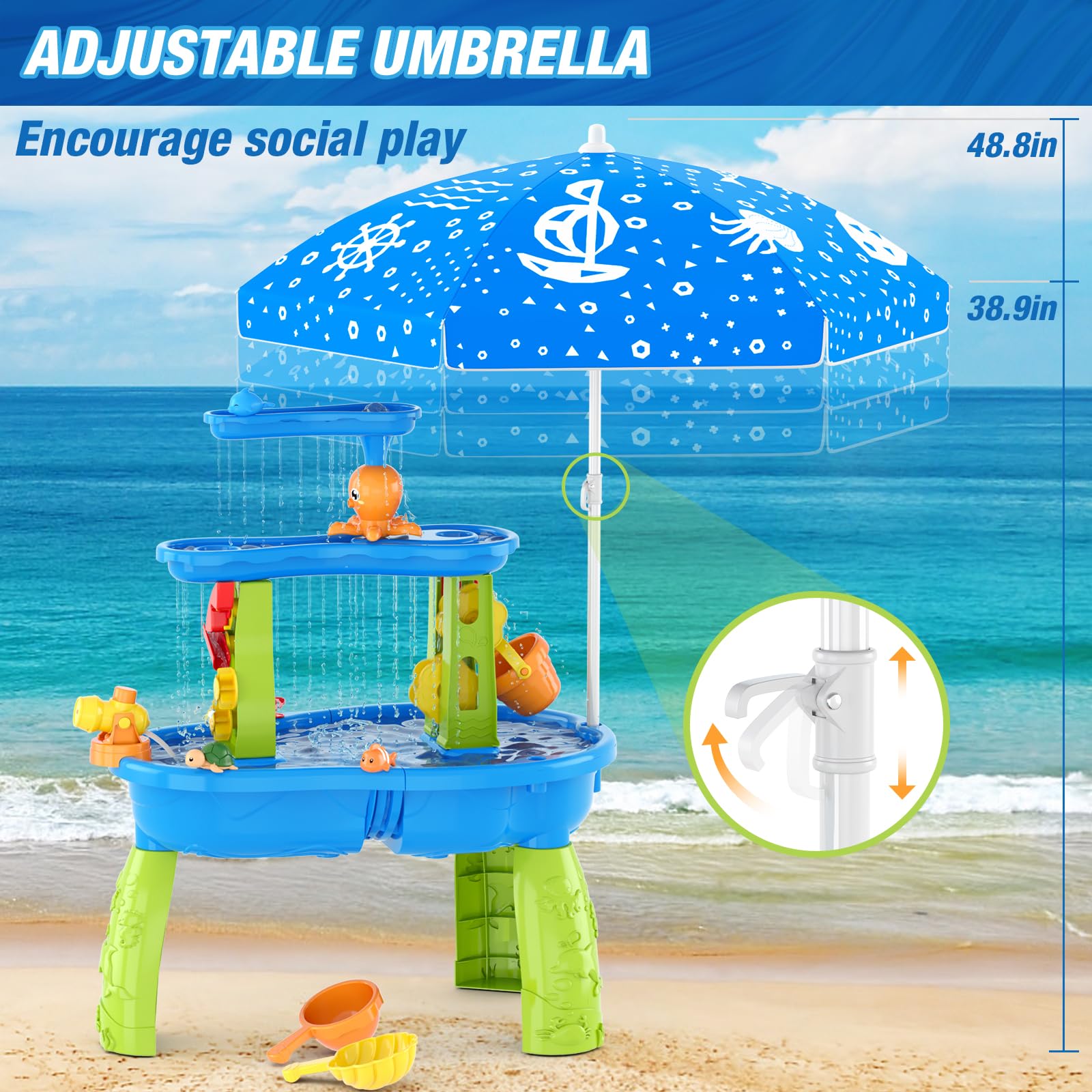 HYES Table d'eau pour Enfants, 3-Tier Table Sable et Eau Jouets avec Parapluie, Douches de Pluie Splash étang pour Plage Cour, Table Eau Sable Jeux de d'été Exterieur pour Garçons Filles, Bleu